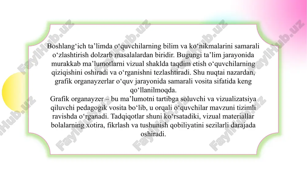 halarni vizual tarzda ko‘rsatish o‘quvchilarning tezroq tushunishiga yordam beradi. 3 takrorlash va mustahkamlash jarayonida sxemalar yordamida bilimlarni tizimlashtirish va xotirada mustahkamlash mumkin. grafik organayzerlarni individual va guruh ishlarda qo‘llash o‘quvchilarning muloqot va hamkorlik ko‘nikmalarini rivojlantiradi. bilimni mustahkamlash va rivojlantirish grafik organayzerlar o‘quvchilarning fikrlash va mantiqiy bog‘lanish ko‘nikmalarini rivojlantiradi. ular yangi ma’lumotni eski bilim bilan bog‘lashga yordam beradi va xulosalar chiqarish ko‘nikmalarini oshiradi. shu bilan birga, organayzerlar kreativlikni rag‘batlantiradi, o‘quvchilarga muammoni vizual yechim orqali hal qilish imkoniyatini beradi. bilimni mustahkamlash jarayonida grafik organayzerlar yordamida o‘quvchilar o‘z-o‘zini baholash va bilim darajasini ko‘rib chiqish imkoniga ega bo‘ladi. bu usul darslarni qiziqarli, interaktiv va samarali qiladi. grafik organayzerlardan foydalanish samaradorligi va amaliy tajribalar boshlang‘ich sinflarda grafik organayzerlardan foydalangan holda darslar o‘quvchilarning bilimini tez va samarali o‘zlashtirishga yordam beradi. masalan, venn diagrammalari yordamida mavzularni taqqoslash yoki oqim sxemalari orqali jarayonlarni vizualizatsiya qilish o‘quvchilarga tushunishni osonlashtiradi. amaliy tajribalarda o‘quvchilarning mavzuni mustaqil tahlil qilish va xulosalar chiqarish …