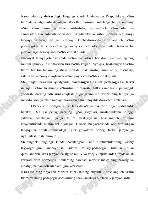 adabiyotlar ro‘yxatidan iborat. i bob. boshlang‘ich ta’lim pedagogikasi tarixining nazariy asoslari. 1. boshlang‘ich ta’lim pedagogikasining predmeti, maqsadi va vazifalari. boshlang‘ich ta’lim pedagogikasi – pedagogika fanining mustaqil yo‘nalishi bo‘lib, inson shaxsining shakllanishida eng muhim bosqich bo‘lgan boshlang‘ich ta’lim davrida ta’lim-tarbiya jarayonini ilmiy asosda o‘rganadi. u o‘quvchilarning yosh xususiyatlari, rivojlanish ehtiyojlari, ta’lim metodlari va vositalari, shuningdek, tarbiyaviy ta’sir doiralari bilan chambarchas bog‘liq. boshlang‘ich ta’lim pedagogikasi bugungi kunda ta’lim islohotlarining markazida turibdi, chunki jamiyat taraqqiyoti ta’lim sifatiga, ayniqsa, uning boshlang‘ich bosqichiga chambarchas bog‘liqdir. pedagogik fikrda qadim zamonlardan beri bolalar tarbiyasi, ularning o‘ziga xos psixologik va jismoniy xususiyatlarini hisobga olib ta’lim berish zarurati mavjud bo‘lgan. ammo mustaqil pedagogik fan sifatida boshlang‘ich ta’lim pedagogikasi keyingi asrlarda shakllangan.bu fan hozirda nafaqat o‘qituvchilik faoliyatining nazariy va amaliy jihatlarini yoritadi, balki ta’lim muhitining o‘ziga xos tomonlarini, metodik yo‘nalishlarni, o‘qituvchi va o‘quvchi o‘rtasidagi munosabatlarni ham chuqur o‘rganadi. boshlang‘ich ta’lim pedagogikasining asosiy predmeti – 6-10 yoshli bolalarning shaxs sifatida shakllanishi …