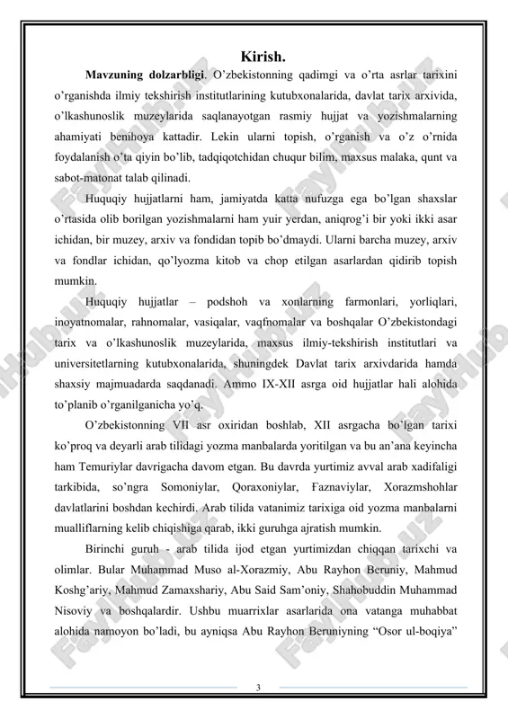 ar muallifi buyuk matematik muhammad muso al-xorazmiy(viii asr oxiri – ix asr birinchi yarmi)dir. biz uni birinchi o’rta osiyolik tarixchi olim deb atashimiz mumkin. chunki al-xorazmiy birinchilardan bo’lib o’zining “kitob at-tarix” (“tarix kitobi”) asarini yozgan. ammo ushbu asar bizgacha mukammal holida yetib kelgan bo’lmasada, undan olingan parchalarni so’nggi davr tarixchilari ibn an-nadim, al-mas’udiy, at-tabariy, hamza al-isfahoniylar o’z asarlarida keltiradilar. bu kitobni abu rayhon beruniy o’zining “osor ul-boqiya” asarida ham eslatadi. mazkur asar xalifalik tarixiga oid ma’lumotlardan iborat bo’lgan. mavzuning maqsad va vazifalari. mavzuning asosiy maqsadi « al-komil fit-tarix » asarini tarixiy manba sifatida o’rganish hisoblanadi. yuqoridagi maqsaddan kelib chiqib quyidagilar vazifa sifatida belgilab olindi. · « al-komil fit-tarix » asarini tarixiy manba sifatidagi ahamiyatini o’rganish · ibn al-asir tomonidan « al-komil fit-tarix »ning yaratilish tarixini o’rganish · « al-komil fit-tarix »ga ibn al-asir tuzgan yordamchi ko‘rsatkichlarni aniqlash · ibn al-asir an’analarining davom ettirilishini o’rganish mavzuning ob’ekti va predmeti. mavzuning ob’ekti …