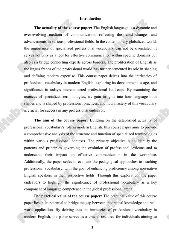 ity, aims, and practical value of the study. following this, a comprehensive literature review synthesizes existing scholarship on the subject, providing a critical backdrop for subsequent analysis. the methodology section outlines the research strategies employed, paving the way for a detailed analysis of professional vocabulary across various sectors. case studies offer a closer look at the application of this vocabulary in practice, illustrating its significance in real-world settings. the paper then discusses the pedagogical implications of these findings, particularly for the instruction of non-native english speakers. finally, the conclusion encapsulates the insights gained and proposes avenues for future inquiry. this structured approach ensures a thorough examination of professional vocabulary, highlighting its pivotal role in the fabric of modern professional communication. 1. historical development language is a human’s innate capacity that differentiates them from other creatures. language becomes human being characteristics since they use it to communicate ideas, thought, and feelings. …