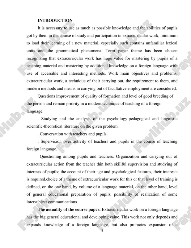· to analyze a private experience of use of a design technique in system of educational and non- learning employment on senior steps of training foreign language, to reveal efficiency of design training as new pedagogical technology in an education system. the subject and the object of the course paper. teaching process of english language at school. subject of the research: the role of extracurricular works in the process of foreign language teaching. the methods of the course paper.the methods of investigation are: · descriptive · inductive · deductive the materials of the course paper. the materials of this course papercan be used in the process of pedagogical activity. theoretical value. practical value. participatinginextracurricularactivities buildsteamwork, communication, relationships, and a senseofbelonging, allofwhichhelpstudentstodevelopsociallyandbesuccessfulinschool. participationinextracurricularactivitiesdemonstratestheimportanceofcommunityinvolvement. the structure of the course paper.the course paper consists of introduction, chapter 1, chapter 2, conclusion and bibliography. in the first chapter the role of extracurricular works in …