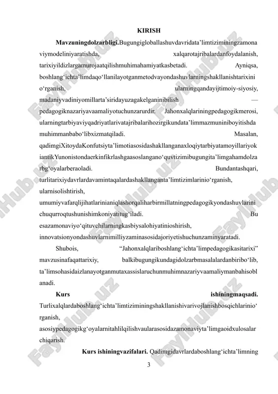 li, hurmatliinsonbo‘libyetishishilozimedi. boshlang‘ichta’limoiladaboshlanib, maktabdadavomettirilgan. hindistondaesata’limdiniy-axloqiyvafalsafiyyo‘nalishdaolibborilgan. asosanvedalarasosidao‘qitilganbolalargurudebatalgandiniyustozlarqo‘lidata’limolishgan. ushbusivilizatsiyalarningharbiridaboshlang‘ichta’limningmaqsadi, shaklivamazmunio‘zigaxosbo‘lib, bujarayonlarjamiyatningdiniy, siyosiyvamadaniytuzilmasibilanbevositabog‘liqbo‘lgan. shutariqa, qadimgidavrlardashakllanganboshlang‘ichta’limtizimlarikeyingipedagogikrivojlanishuchunasosbo‘libxizmatqilgan. boshlang‘ichta’liminsoniyatningijtimoiyhayotidadastlabkikasbiyvama’naviyko‘nikmalarnishakllantirishvositasisifatidaqadimdanmuhimahamiyatkasbetgan. harbirsivilizatsiyao‘ziningdiniy, siyosiyvaiqtisodiytuzilishigamostarzdata’limtiziminiyo‘lgaqo‘ygan. misoluchun, qadimgimisrdata’limjamiyatdagiierarxiktizimgaasoslanganbo‘lib, asosanruhoniylarvazodagonlarfarzandlarigamo‘ljallanganedi. bu yerdao‘qituvchilardiniybilimlar, iyeroglifyozuvi, matematika, astronomiyakabifanlarnio‘rgatishgan. diniyaqidalarta’limningasosiynegizinitashkiletganvabolalarningma’naviytarbiyasidavlatmanfaatlaribilanchambarchasbog‘liqbo‘lgan. bobilsivilizatsiyasidamaktablaribodatxonalaryokisaroylargayaqinjoylashganbo‘lib, u yerdabolalargillavhalargamixxatyozishni, savdohisobkitoblariniyuritishni, qonunlarto‘plami — mashhurhammurapikodeksiniyodolishnio‘rganishgan. bu ta’limtizimijamiyatdatartibnisaqlash, iqtisodiyaloqalarniyuritishvahuquqiyongnishakllantirishgaxizmatqilgan. qadimgixitoydata’limjamiyataxloqiyme’yorlarasosidabarpoetilgan. konfutsiychilikta’limotiningasosiyg‘oyasibo‘lgankattalarnihurmatqilish, itoatkorlik, fidoyilikvamehnatsevarlikkabiqadriyatlarbolalargailkyoshdansingdirilgan. o‘quvchilarko‘proqaxloqiyhikoyalar, qadimgimatnlarniyodolishvayozmaifodako‘nikmalarinirivojlantirishbilanshug‘ullangan. ta’limoilavajamiyatbarqarorliginita’minlovchikuchsifatidaqaralgan. hindistondaboshlang‘ichta’limningshakllanishivedalarasosidaolibborilganbo‘lib, but