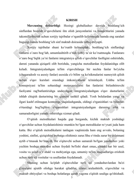 i.bob. integratsiyalashgan ta’limning nazariy asoslari 1.1. integratsiya tushunchasining mazmun va mohiyati hozirgi globallashuv davrida boshlang‘ich sinflardan boshlab o‘quvchilarni ilm olish jarayonlarini va bosqichlarini yanada takomillashtirish uchun xorijiy tajribalar o‘rganilib kelinmoqda hamda eng saralari bugungi kunda boshlang‘ich sinf maktab doirasida tatbiq etilyapti. xorijiy tajribalar shuni ko’rsatib kelmoqdaki, boshlang‘ich sinflardagi fanlarni o’zaro bog‘lab, umumlashtirib o‘tish ijobiy ta’sir ko’rsatmoqda. fanlararo o‘zaro bog‘liqlik ya’ni fanlarni integratsiya qilish o’quvchilar faolligini oshirishda, darsni yananda qiziqarli olib borishda, yangicha metodlardan foydalanishga olib keladi. boshlang‘ich maktab fanlarining integratsion aloqalari kam ishlab chiqilgan, qarama-qarshi ifodalangan. bu aloqalarning mohiyati haqida olimlar orasida qarama -qarshiliklar ko‘p. integratsiya atama va uslubiy nuqtaiy nazardan hodisa sifatida nima ekanligann ko‘rib chiqaylik. «intergratsiya» so‘zi lotincha integratio-tiklash, to‘ldirish, «integer» butun so‘zidan kelib chiqqan. ikkita tushunchaga egamiz: 1.tizim, organizmning alohida tabaqalashtirilgan qism va vazifalarning bog‘liqlik holatini bildiruvchi tushuncha va shu holatga olib boruvchi jarayon. 2. tabaqalashtirish jarayonlari bilan birga amalga oshirilayotgan fanlarni yaqinlashtirish jarayoni. differentsiatsiya - frantsuzcha …