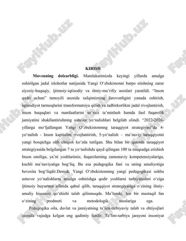 takt, ijodkorlik, tashkilotchilik mahoratiga ega bo‘lishi; sabrli, bag‘ri keng, qat’iyatli, intizomli bo‘lishi zarur. yangi o‘zbekiston o‘qituvchiga shunday mas’uliyat yuklanmoqda.bu mas’uliyat zalvorini biz pedagoglar qanday tushunishimiz kerak? buni prezidentimiz shavkat mirziyoyev: “bizni hamisha o‘ylantirib keladigan yana bir muhim masala - bu yoshlarimizning odob-axloqi, yurish-turishi, bir so‘z bilan aytganda, dunyoqarashi bilan bog‘liq. bugun zamon shiddat bilan o‘zgaryapti. bu o‘zgarishlarni hammadan ham ko‘proq his etadigan kim - yoshlar. mayli, yoshiar o‘z davrining talablari bilan uyg'un bo‘lsin. lekin ayni paytda o‘zligini ham unutmasin. biz kimmiz, qanday ulug' zotlarning avlodimiz, degan da’vat ularning qalbida doimo aks-sado berib, o‘zligiga sodiq qolishga undab tursin. bunga nimaning hisobidan erishamiz? tarbiya, tarbiya va faqat tarbiya hisobidan”’, - deya uqtiradi. kurs ishining maqsadi: boshlangʻich taʼlim tizimida oʻqitish jarayoni samaradorligini oshirish yoʻllarini oʻrganish va tavsiyalar ishlab chiqish.boshlang‘ich taʼlimda o‘qitish jarayoni samaradorligini oshirish bugungi taʼlim sohasining dolzarb masalalaridan biridir. pedagogik texnologiyalar, jumladan, interfaol metodlar va zamonaviy texnologiyalarning taʼlim samaradorligiga taʼsirini oʻrganish. raqamli …