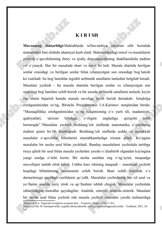 har gal to`plamlarni birlashtirish amalini bajarib yechish lozim. boshlang`ich sinflar uchun matematikadan programmaning tushuntirish xatida bolalarni masalalarni har xil usullar bilan yechishga o`rgatishga katta ahamiyat bergan. [2: karimov i.a. tarixiy xotirasiz kelajak yo'q. –toshkent: sharq, 1998, 3- bet. mirziyoyevsh. m. insonparvarlik, ezgulikvabunyodkorlik–milliyg‘oyamizningpoydevoridir. –toshkent. 2021, 26-bet. ] kurs ishining maqsad va vazifalari: boshlang’ich sinflarda matematikani o’qitish samaradorligini oshirishda zamonaviy pedagogik texnologik va ularni qo’llash usullarini ishlab chiqish dastur materiallariga mos matinli masalalarni o’rganishning samarali usullarini aniqlash yangi pedogogik texnologiyalardan masala yechishni amalga oshirish yo’llarini izlashdan iborat. 1. boshlag’ich sinflarda zamonaviy texnologiyalar asosida matematik darslarini tashkil etishning mavjud holatini o’rganish. 2. matematika darslarida zamonaviy pedagogik texnologiyalarni tashkil etishning ob’yektiv omillarni aniqlash. 3. boshlang’ich sinflarda matematika zamonaviy texnologiyalar asosida tashkil etishga xizmat qiluvchi maqbul shakl, metod va vositalarni belgilash. 4. boshlang’ich sinf matematika darslarni ta’limning zamonaviy interfaol metodlar asosida tashkil etishda maxsus metodlarni tajriba-sinovdan o’tkazish va uning samaradorligini aniqlash. kurs ishining obyekti: umumta’lim …
