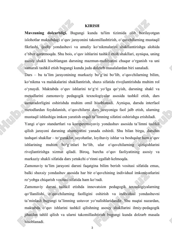boratoriya ishi, mustaqil ish va boshqalar) tasniflash va ularning xususiyatlarini aniqlash. 3. zamonaviy pedagogik texnologiyalar nuqtai nazaridan oʻquv ishlarining shakllarini tahlil qilish. 4. darsning tuzilishi, turlari va uni samarali tashkil etish usullarini o‘rganish. 5. maktab amaliyoti asosida oʻquv ishlarining tashkil etilishiga oid misollarni tahlil qilish. 6. oʻquv ishlarini tashkil qilishda uchraydigan muammolar va ularni hal etish yo‘llarini aniqlash. 7. olingan nazariy bilimlar asosida xulosa va amaliy tavsiyalar ishlab chiqish. kurs ishining tuzulishi: mazkur kurs ishi kirish, 2 bob, 4 bo`lim, xulosa va foydalanilgan adabiyotlardan iborat. i bob. maktabda o’quv ishlarini tashkil etishning nazariy asoslari 1.1. o‘quv jarayonini boshqarishning mazmun va mohiyati boshqarishning mohiyati, maktabdagi o'quv jarayoni bir kishi tomonidan emas, balki o'qituvchilar, o'quvchilar, maktab rahbarlari, o'quvchilarning ota-onalarini o'z ichiga olgan muhim bir guruh tomonidan amalga oshiriladi. ularning harakatlarining izchilligi, maqbul yo'llar bilan ta'lim maqsadlariga erishishning muvaffaqiyati uchun ta'lim jarayonini boshqarish masalasini ko'tarish qonuniydir. avvalo, ta'lim jarayoni sathlarini ajratib ko'rsatish, so'ngra …