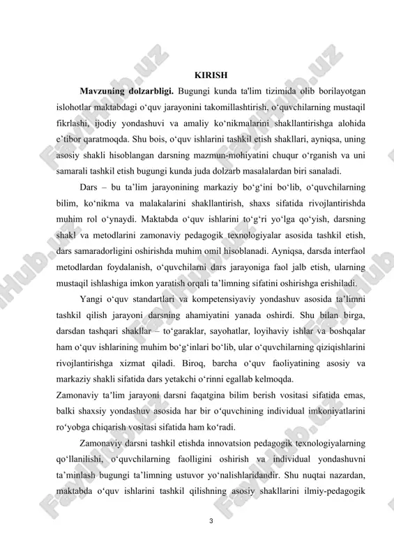 , laboratoriya ishi, mustaqil ish va boshqalar) tasniflash va ularning xususiyatlarini aniqlash. 3. zamonaviy pedagogik texnologiyalar nuqtai nazaridan oʻquv ishlarining shakllarini tahlil qilish. 4. darsning tuzilishi, turlari va uni samarali tashkil etish usullarini o‘rganish. 5. maktab amaliyoti asosida oʻquv ishlarining tashkil etilishiga oid misollarni tahlil qilish. 6. oʻquv ishlarini tashkil qilishda uchraydigan muammolar va ularni hal etish yo‘llarini aniqlash. 7. olingan nazariy bilimlar asosida xulosa va amaliy tavsiyalar ishlab chiqish. kurs ishining ahamiyati:kurs ishida maktabda o‘quv jarayonini tashkil etishdagi mavjud muammolar va ularni bartaraf etish yo‘llari ko‘rib chiqiladi. shu bilan birga, zamonaviy pedagogik yondashuvlar, axborot-kommunikatsiya texnologiyalaridan foydalanish, hamkorlikda o‘qitish va o‘quvchilar individual imkoniyatlarini hisobga olish kabi masalalar tahlil qilinadi. kurs ishining tuzulishi: mazkur kurs ishi kirish, 2 bob, 4 bo`lim, xulosa va foydalanilgan adabiyotlardan iborat. i bob. maktabda o’quv ishlarini tashkil etishning nazariy asoslari 1.1. o‘quv jarayonini boshqarishning mazmun va mohiyati boshqarishning mohiyati, maktabdagi o'quv jarayoni bir kishi tomonidan emas, …