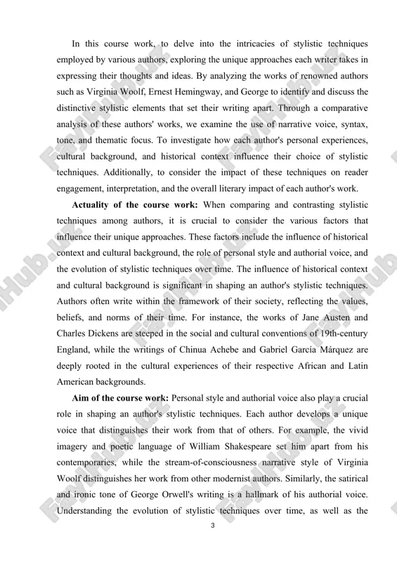 nticism, realism, and postmodernism, have had a profound impact on the development of stylistic techniques. as authors are influenced and learn from each other, new styles and approaches emerge. for instance, the works of the beat generation, such as those of jack kerouac and allen ginsberg, were influenced by the ideas and writings of earlier authors like walt whitman and henry david thoreau, but they also introduced innovative techniques, such as spontaneous prose and the use of jazz rhythms in writing. the analysis of differences in stylistic techniques among authors requires a comprehensive examination of the historical context, cultural background, personal style, and authorial voice that contribute to their distinctive approaches. the structure of the course work includes introduction, main bogy including 2 chapters (theoretical and practical) and 4 sub chapters, conclusion, bibliography. chapter i. comparing and contrasting stylistic techniques 1.1. analysis of differences in stylistic techniques among authors to …
