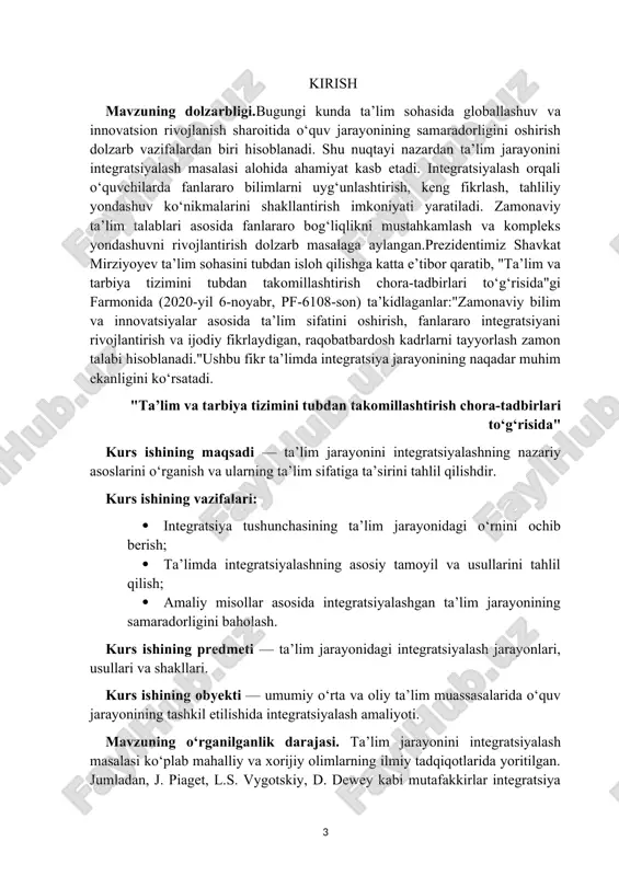 dalanadi: ta’lim jarayoni o‘quvchi va o‘qituvchi o‘rtasidagi tizimli, maqsadli hamkorlikka asoslanadi. bu jarayonda bilim, ko‘nikma va malakalar shakllantiriladi, shuningdek, shaxsning har tomonlama rivojlanishi ta’minlanadi. ta’lim jarayonining tarkibiy qismlari – maqsad, mazmun, shakl, metod va natija – o‘zaro uzviy bog‘liqdir. zamonaviy ta’lim nafaqat bilim berish, balki o‘quvchini mustaqil fikrlashga, ijodiy yondashishga va amaliy faoliyatda o‘zini ko‘rsatishga undaydi. ta’lim jarayoni faqatgina o‘qituvchidan o‘quvchiga ma’lumot uzatish emas, balki ikki tomonlama faol muloqot va hamkorlikni talab qiladi. o‘quvchi va o‘qituvchi o‘rtasidagi faoliyat aloqalari ta’lim jarayonining asosiy harakatlantiruvchi kuchi hisoblanadi. ushbu aloqalar hamkorlikka, o‘zaro hurmat va ishonchga asoslanadi. o‘qituvchi o‘quvchining o‘zlashtirish faoliyatini yo‘naltirib boradi, o‘quvchini mustaqil fikrlashga va ijodiy izlanishga rag‘batlantiradi. o‘qituvchi nafaqat bilim beruvchi, balki yo‘naltiruvchi, maslahat beruvchi va tarbiyalovchi sifatida faoliyat ko‘rsatadi. o‘quvchi esa bilimlarni qabul qiladi, tahlil qiladi, amaliyotga tadbiq etadi va o‘z o‘rganish jarayonida faol ishtirok etadi. zamonaviy ta’limda o‘qituvchi va o‘quvchi orasidagi aloqalar teng huquqli va o‘zaro faol munosabatlarga asoslangan …