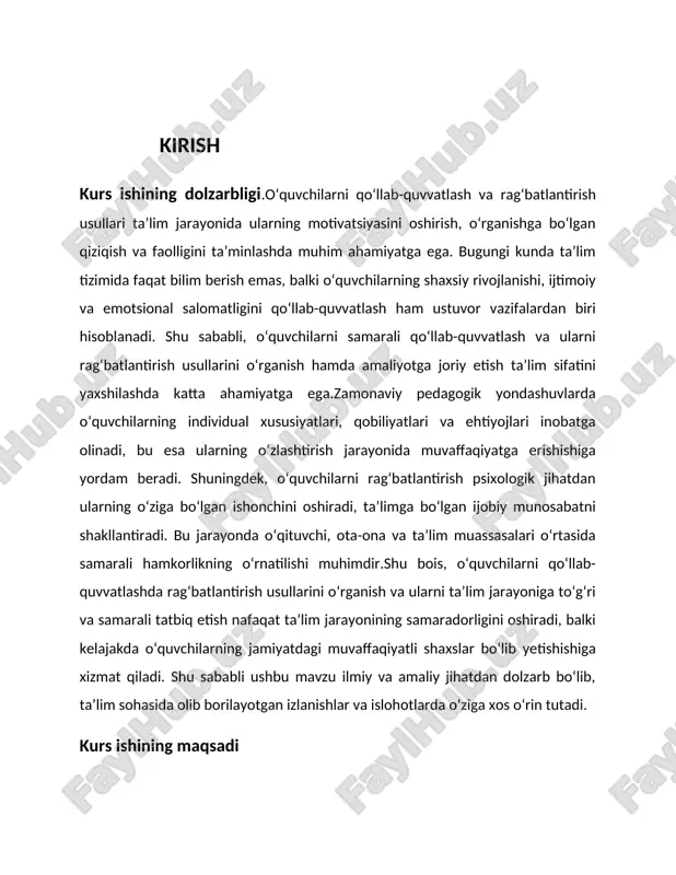 ifatida aynan o‘quvchilarni rag‘batlantirish vositalari va usullari, ularni qo‘llashning pedagogik tamoyillari, shuningdek, rag‘batlantirish orqali o‘quvchilarning motivatsiyasi, faoliyati va o‘quv jarayonidagi ishtirokini oshirish yo‘llari tahlil qilinadi.bu mavzu doirasida qo‘llaniladigan turli pedagogik texnikalar, rag‘batlantirish shakllari (masalan, og‘zaki maqtov, mukofotlash, o‘yin va faoliyatlar orqali rag‘batlantirish), hamda o‘quvchilarning individual xususiyatlarini inobatga olgan holda rag‘batlantirish tizimlari o‘rganiladi.shunday qilib, predmet — bu o‘quvchilarning ta’lim jarayonida rag‘batlantirilishi va qo‘llab-quvvatlanishining aniq metod va shakllari, ularning ta’limdagi samaradorligiga ta’sirini o‘rganishdir. kurs ishining obyekti — bu ta’lim jarayonida boshlang‘ich sinf o‘quvchilarini qo‘llab-quvvatlash va rag‘batlantirish usullari, ularning pedagogik-psixologik asoslari hamda bu jarayonning o‘quvchilarning o‘qishga bo‘lgan qiziqishlari, bilim va ko‘nikmalarini shakllantirishdagi roli hisoblanadi. ob'ekt sifatida qo‘llab-quvvatlash va rag‘batlantirish mexanizmlari ta’lim jarayonining turli bosqichlarida o‘quvchilarning ijobiy motivatsiyasini oshirishga qaratilgan ta’lim-tarbiyaviy ishlar va metodlar ko‘rib chiqiladi. shuningdek, o‘quvchilarning individual xususiyatlarini hisobga olgan holda rag‘batlantirish usullarining samaradorligi ham o‘rganiladi.bu jarayonlar boshlang‘ich sinflarda o‘quvchilarni ijtimoiylashuvi, o‘zini ifoda etishi va mustaqil fikrlash ko‘nikmalarini rivojlantirishga xizmat qiladi. shunday …
