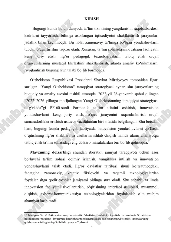 tomonidan turli nuqtai nazardan tadqiq etilgan. jumladan, j. dyui, p. drucker, e. toffler, v. i. zagvyazinskiy kabi mutaxassislar innovatsion yondashuvlarning nazariy asoslarini ishlab chiqqan bo‘lsa, o‘zbekistonda m. jo‘rayev, i. abdurahmonova, z. mirzaahmedova singari pedagoglar bu borada qator ilmiy-amaliy tadqiqotlar olib borishgan. shuningdek, prezident qaror va farmonlari, xalq taʼlimi vazirligi va oliy taʼlim vazirligining tegishli qarorlari bu boradagi muhim manbalar hisoblanadi. kurs ishining amaliy ahamiyati shundaki, unda keltirilgan nazariy tahlillar va amaliy tavsiyalar taʼlim muassasalarida o‘qitish jarayonini takomillashtirishga, innovatsion faoliyatni yo‘lga qo‘yish va uni tizimli tarzda amalga oshirishda qo‘llanilishi mumkin. shuningdek, bu ish bo‘lajak pedagog kadrlar uchun ham foydali nazariy-amaliy manba bo‘lib xizmat qiladi. kurs ishining tuzilishi.mazkur kurs ishi kirish, ikkita asosiy bob, har bir bobda uchta band, xulosa va foydalanilgan adabiyotlar ro‘yxatidan iborat. i bob. taʼlim jarayonida innovatsion faoliyatning nazariy asoslari 1.1.innovatsion faoliyat tushunchasi va uning mohiyati zamonaviy jamiyatda fan va texnika taraqqiyoti, axborot texnologiyalarining jadal rivojlanishi barcha sohalarda, ayniqsa, …