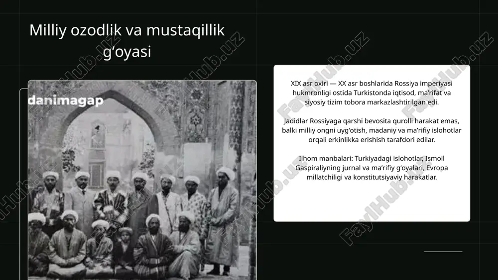 bir millat, bir yurak, bir maqsad” g‘oyalari ko‘p uchraydi. history project pan-turkizm gʻoyasi pan-turkizm — turkiy xalqlarni til, madaniyat va tarixiy ildizlar asosida birlashtirish g‘oyasi edi. jadidlar bu fikrni yevropadagi pan-slavizm harakatlaridan ilhomlanib ilgari surganlar. ularning maqsadi siyosiy jihatdan yagona turkiy uyg‘onish mafkurasini shakllantirish, o‘zaro madaniy aloqalarni kuchaytirish edi. ismoil gaspirali bu g‘oyaning asoschilaridan biri bo‘lib, “til birligi, fikr birligi, ish birligi” shiorini ilgari surgan. turkistondagi jadidlar gaspirali ta’sirida umumturkiy matbuot, adabiyot va ta’lim tizimini rivojlantirishga harakat qildilar. islomiy islohot gʻoyasi jadidlar dinni siyosatdan ajratmagan holda, uni jamiyat taraqqiyotiga moslashtirish tarafdorlari edilar. ularningcha, islom taraqqiyotga to‘sqinlik emas, balki ma’naviy tayanch bo‘lishi kerak edi. ular diniy ta’limni isloh qilib, qur’on va hadislarni zamonaviy tafsirda o‘qitish, diniy maktablarda dunyoviy fanlarni ham o‘qitishni yoqladilar. dinda aql, ilm va ma’rifatni ustun qo‘yish, diniy mutaassiblikka qarshi kurashish jadidlarning asosiy diniy isloh yo‘nalishiga aylandi. bu orqali ular jamiyatda diniy erkinlik va bag‘rikenglikni rivojlantirishni maqsad qilganlar. amaliy …