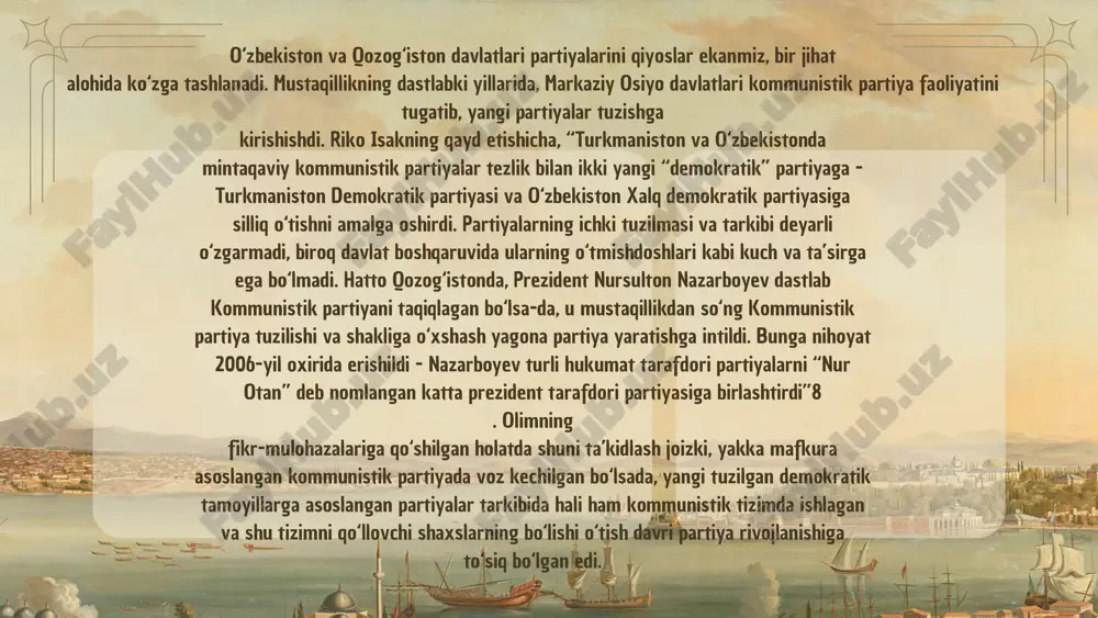 “siyosiy partiyalar to‘g‘risidagi” qonunga zid holat deb baholanib, partiyaning faoliyati taqiqlanadi. xulosa qilib aytganda, o‘zbekiston va qozog‘iston respublikalari siyosiy partiyalar va partiyaviy tizimlarini tahlil qilish va qiyoslash muhim ahamiyat kasb etadi. turli tipologik yondashuvlarni tahlil qilish natijasida shuni alohida ta’kidlash joizki, o‘zbekiston va qozog‘iston siyosiy partiyalari va partiyaviy tizimning shakllanishi va rivojlanishi milliy xususiyatlar bilan uyg‘unlashib ketgan. o‘zbekistonda partiyaviy tizimning shakllanishi barqaror bo‘lsa, qozog‘istonda esa mustaqillikning dastlabki yillarida partiyalar taraqqiyoti va partiyaviy tizimning shakllanishi birmuncha beqaror bo‘lgan bo‘lsada, keyingi davrda siyosiy tizimga xizmat qiluvchi partiyavit tizim qaror topgan.