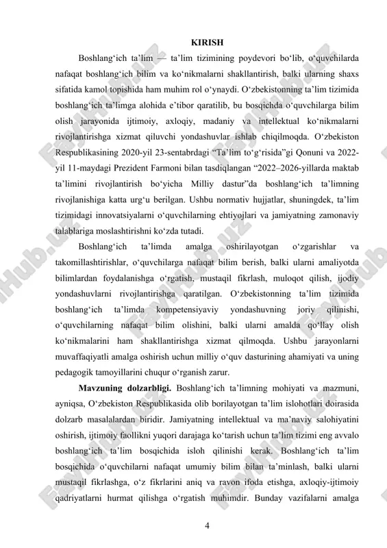 iy o‘quv dasturining boshlang‘ich ta’limga ta’siri, uning samarali ishlashi va o‘quvchilarda kerakli kompetensiyalarni shakllantirishi bugungi kunda ilmiy hamda amaliy jihatdan katta ahamiyatga ega. shuningdek, boshlang‘ich ta’limda pedagogik metodlarning yangilanishi, ta’lim jarayonining milliy qadriyatlar va ijtimoiy ma’naviyat bilan boyitilishi o‘quvchilarda o‘zligini anglash, vatanparvarlik, mehnatsevarlik, hurmat kabi muhim fazilatlarni rivojlantiradi. bu esa kelajakda ijtimoiy va iqtisodiy rivojlanishga hissa qo‘shadigan, barkamol shaxslarning shakllanishiga imkon yaratadi. shu sababli, milliy o‘quv dasturida boshlang‘ich ta’limning mohiyati va mazmuni bugungi ta’lim islohotlarining ajralmas qismi sifatida o‘rganilishi zarur. kurs ishi obyekti: boshlangʻich ta’lim tizimi va unda qo‘llanilayotgan milliy oʻquv dasturi. kurs ishi predmeti: milliy oʻquv dasturining boshlangʻich ta’lim mazmuni va unga asoslangan pedagogik yondashuvlar. kurs ishining maqsadi: milliy oʻquv dasturida boshlangʻich ta’limning mazmuni va mohiyatini o‘rganish hamda ularning ta’lim jarayoniga ta’sirini tahlil qilish. kurs ishining vazifalari: 1. boshlangʻich ta’limning mazmuniy asoslarini tahlil qilish; 2. milliy oʻquv dasturining tuzilishi va asosiy tamoyillarini aniqlash; 3. dastur asosida boshlang‘ich sinf o‘quvchilarida …