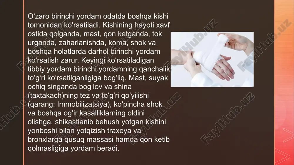 og‘rig‘i. singan a’zoning shakli yoki holatining o‘zgarishi. jarohatlanish vaqtida paydo bo‘lishi mumkin bo‘lgan qarsillash, chertish yoki boshqa tovushning eshitilishi. singan oyoq yoki qo‘l pastki qismida sanchiqlar yoki uyquchanlik. biologik o'lim uchun birinchi yordam - bu barcha organlar va tizimlarning faoliyatini tiklashga imkon beradigan reanimatsiya tadbirlari to'plami. 🔸zarar etkazuvchi omillarga (elektr toki, past yoki yuqori haroratlar, tanani og'irlik bilan siqish) va noqulay sharoitlarga (suvdan olish, yonayotgan binodan ozod qilish va hokazo) ta'sir qilishni darhol to'xtatish. 🔸shikastlanish, kasallik yoki baxtsiz hodisa turiga va xususiyatiga qarab birinchi yordam va birinchi yordam. 🔸jabrlanuvchini tibbiy muassasaga etkazish. image4.png image5.png image6.png image7.png image8.png image9.png image10.png image11.png image12.png image2.png image3.png