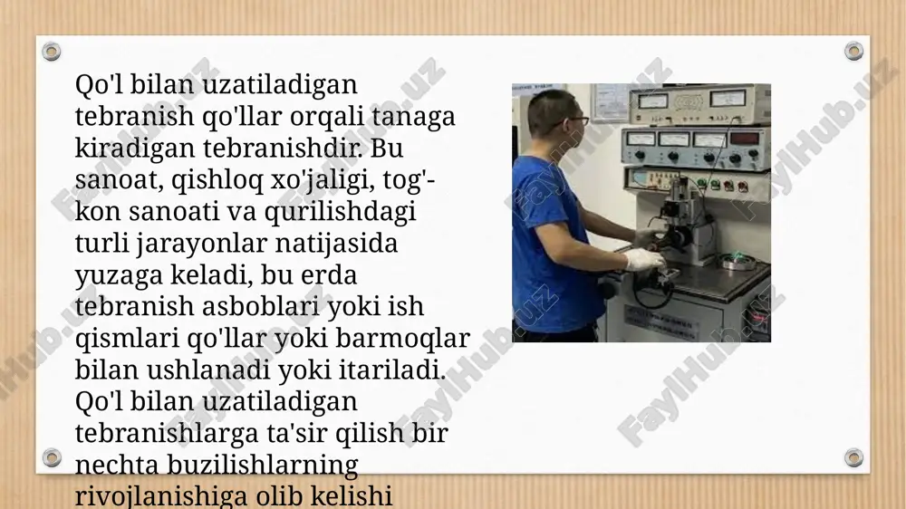 boʻlgan omilni iloji boricha ertaroq bartaraf etishdan iborat. turli dori-darmonlar, fizioterapevtik muolajalar, tegishli kurortlarda boʻlish kompleks davolanishning tarkibiga kiradi. epidemiologik tadkikotlar ko'p yillar davomida butun tanani kuchli tebranish (masalan, traktor yoki er ko'chirish mashinalarida ishlash) ta'sirida bo'lgan ishchilarda umurtqa pog'onasi uchun yuqori darajadagi sog'liq uchun xavf mavjudligini ko'rsatadi asab tizimi, vestibulyar organ va eshitish. 40 gts dan yuqori chastotalarda butun tanadagi kuchli tebranish markaziy asab tizimining shikastlanishiga va buzilishlariga olib kelishi mumkin. 20 gts dan past chastotalarda butun tana tebranishlarining ta'siri haqida ziddiyatli ma'lumotlar haqida xabar berilgan. faqat ba'zi tadqiqotlarda bosh og'rig'i va asabiylashishning kuchayishi kabi o'ziga xos bo'lmagan shikoyatlarning ko'payishi aniqlangan. butun tana tebranishiga uzoq vaqt ta'sir qilishdan keyin elektroensefalogramma (eeg) buzilishi bir muallif tomonidan da'vo qilingan va boshqalar tomonidan rad etilgan. image4.png image5.png image6.png image7.png image8.png image9.png image10.png image11.png image12.png image13.png image14.png image3.png