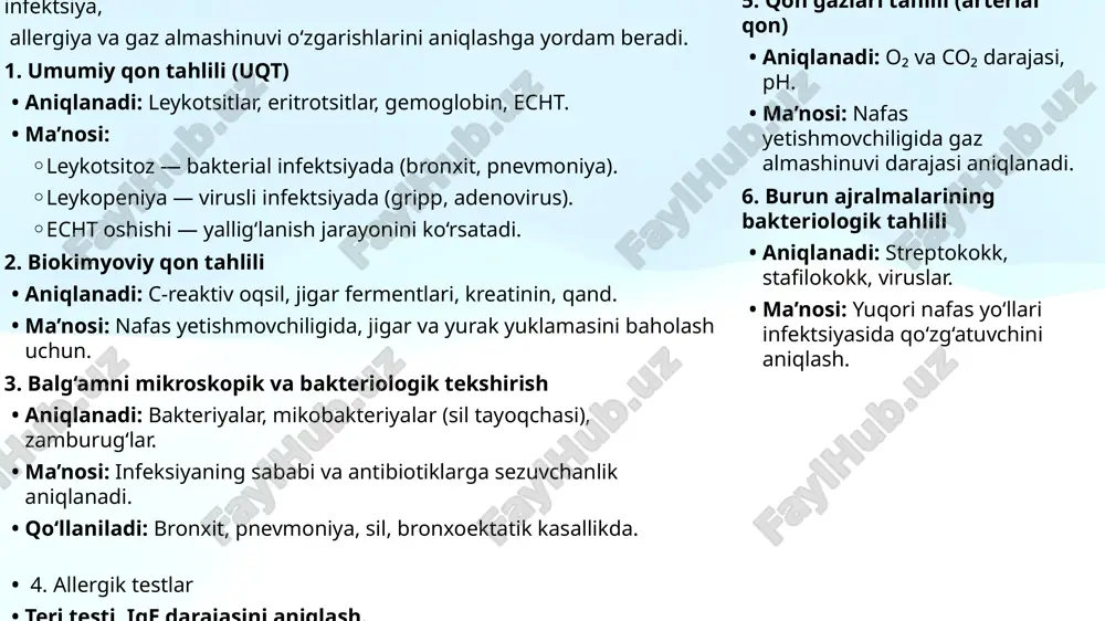 mavjud bo‘lsa; nafas yo‘llari kasalliklari (bronxial astma, bronxit)dan shubha qilingan hollarda; ish joyi changli, kimyoviy moddalar bilan bog‘liq bo‘lsa; kasallik bor bemorlarda davolash samaradorligini nazorat qilish uchun. bolalarda spirometriya bolalar uchun test 5–6 yoshdan o‘tkazilishi mumkin. bola yo‘riqnomalarni tushunib, chuqur nafas olib, kuchli chiqarishni bajara olishi lozim. shifokor yoki hamshira uni o‘yin tarzida o‘tkazib, bolani ruhlantiradi. misol: bola 2,5 litr havo chiqaradi — bu normal. agar 1,7 litr chiqarsa, bu bronx torayganini bildiradi. spirografiya – nafas olish/chiqarish jarayonini grafik shaklda (spirogramma) yozib beradi. bu usul orqali nafas ritmi, amplitudasi, havo oqimi tezligi vizual ko‘rinishda baholanadi. qanday qo‘llanadi? spirometriya bilan birga yoki uning natijasi sifatida spirogramma olinadi. spirografiya natijasini to‘g‘ri tahlil qilish uchun bolaning yoshiga, bo‘yiga mos normativ qiymatlar bilan solishtirish muhim. spirografiya bu spirogramma deb ataladigan grafik. u bolaning nafas chiqarish va olish jarayonini chiziq shaklida ko‘rsatadi. gorizontal chiziqda vaqt, vertikalda esa havo hajmi yoki oqim tezligi tasvirlanadi. sog‘lom bola …