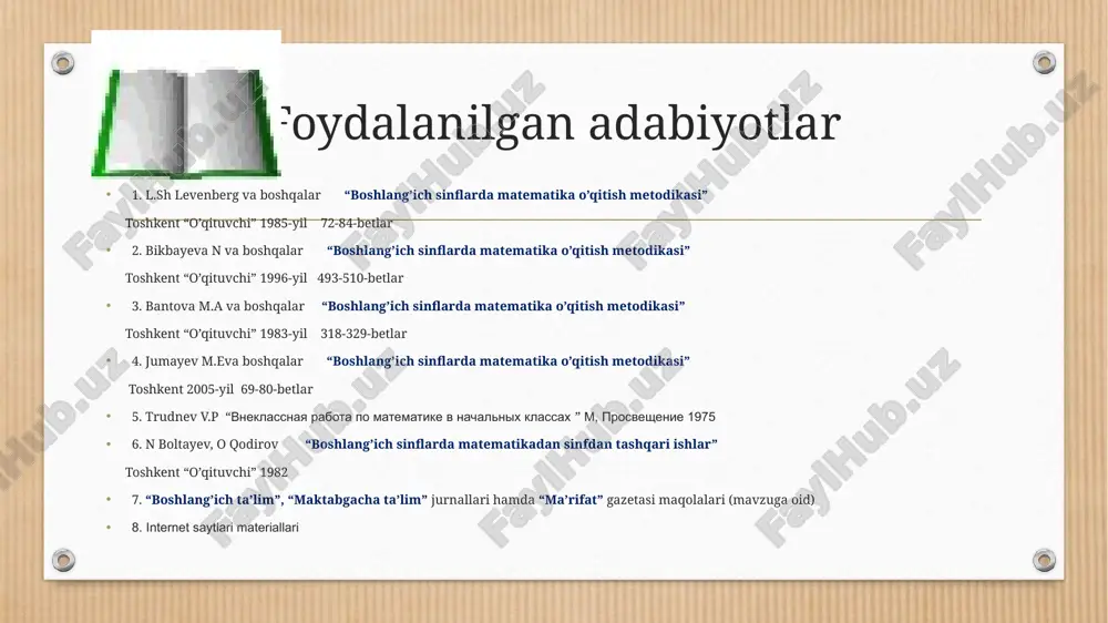 nar tanlashga oid bilim berishda yuqori natijalar beradi. ayniqsa iqtidorli o’quvchilarda fanga qiziqishi, dunyoqarashi, zehni namoyon bo’ladi. boshqa fanlar qatori matematikadan fakultativ mashg’ulotlarda birinchi navbatda matematikaga qiziqishi va iqtidori kuchli o’quvchilar aniqlanadi. fakultativ mashg’ulotlar darslardagi o’quv materiallarini takrorlamaydigan, lekin mustahkamlashga xizmat qiladigan murakkab ko’rinishdagi o’quv materiallar o’rganiladi. matematikadan fakultativ mashg’ulotlarda o`quvchilarning matematik tafakkuri, fikrlash qobilyati rivojlanadi. sinfdan tashqari ishlarni tashkil qilish va o’tkazish asosida quydagi qoidalar yotadi sinfdan tashqari mashg’ulotlar o’quvchilarni darsda oladigan bilimlari, malaka va ko’nikmalarini hisobga olgan holda o’tkaziladi sinfdan tashqari ish ixtiyoriylik, tashabbuskorlik tamoyillari va o’quvchilarni harakatlari asosida tuziladi hamda o’quvchilarni individual talablarini qanoatlantirish maqsadida o’tkaziladi sinfdan tashqari mashg’ulotlar o’tkazish shakliga ko’ra darslardan farq qiladi va ko’pincha qiziqarli xarakterga ega bo’ladi. bunda zaruriy shartlardan biri shundaki rejaligi va muntazamliligidir matematik o’n minutliklar 1-sinfda haftasida bir marta butun sinf o’quvchilari ishtirokida o’tkaziladi sinf chegarasidan tashqarida (kuni uzaytirilgan guruhlarda, tabiatda, ekskursiyalarda) o’tkaziladi darsda beriladigan topshiriqlardan farqlanuvchi qiziqarli topshiriqlar berilishi …