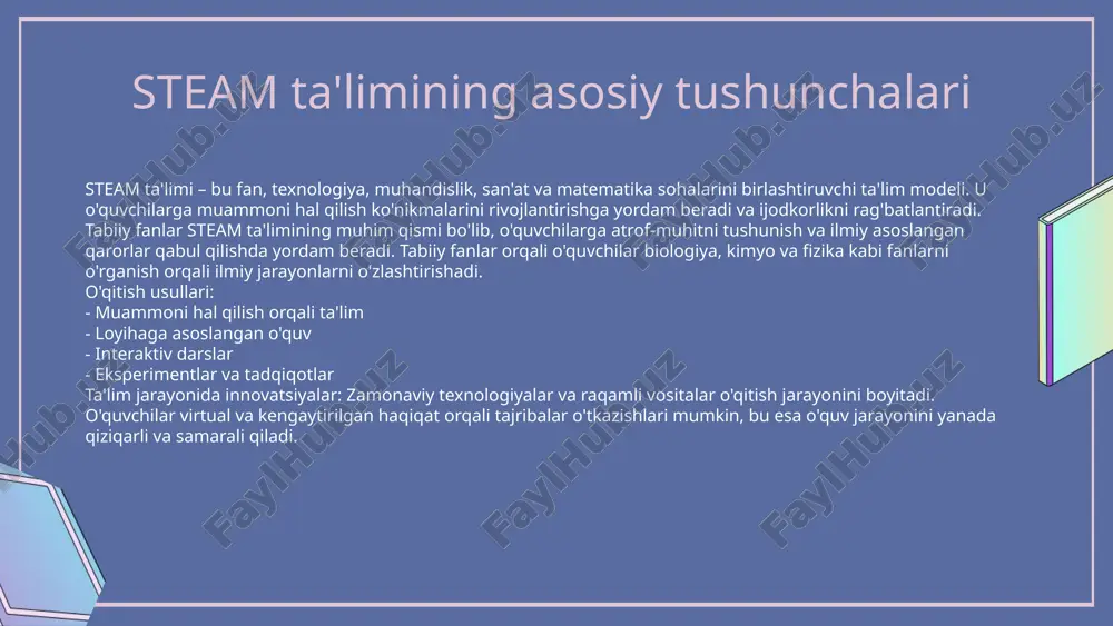 ajagi 1. innovatsion texnologiyalar: steam ta'limida zamonaviy texnologiyalar, masalan, sun'iy intellekt, robototexnika va virtual haqiqat kabilar qo'llaniladi. bu texnologiyalar o'quvchilarning ijodkorlik va muammolarni hal qilish qobiliyatlarini rivojlantirishga yordam beradi. 2. global tendensiyalar: dunyo bo'ylab steam ta'limi o'sib bormoqda. ko'plab mamlakatlar steam dasturlarini joriy etish orqali o'quvchilarning innovatsion fikrlash qobiliyatlarini oshirishga intilmoqda. 3. ta'lim sifatini oshirish: steam ta'limi, amaliy mashg'ulotlar va loyiha asosida o'qitish usullari orqali ta'lim sifatini oshirishga olib keladi. bu o'quvchilarning bilimlarini amalda qo'llash imkoniyatini yaratadi. 4. o'quvchilarning tayyorgarligi: steam ta'limi o'quvchilarni kelajakdagi muammolarni hal qilishga tayyorlaydi. o'quvchilar ijtimoiy, iqtisodiy va ekologik muammolarni hal qilishda faol ishtirok etishlari uchun zarur ko'nikmalarni egallaydilar. tabiiy fanlar o'qitishidagi zamonaviy usullar 2. eksperimentlar va tajribalar: o'quvchilar tajribalar o'tkazish orqali nazariy bilimlarni amaliyotda qo'llash imkoniyatiga ega bo'lishadi. misol uchun, muammoga asoslangan o'qitishda o'quvchilar mahalliy ekologik muammolarni o'rganishlari mumkin, bu ularni fanda faol ishtirok etishga undaydi. 1. muammoga asoslangan o'qitish: o'quvchilarni real hayotdagi muammolarni hal …