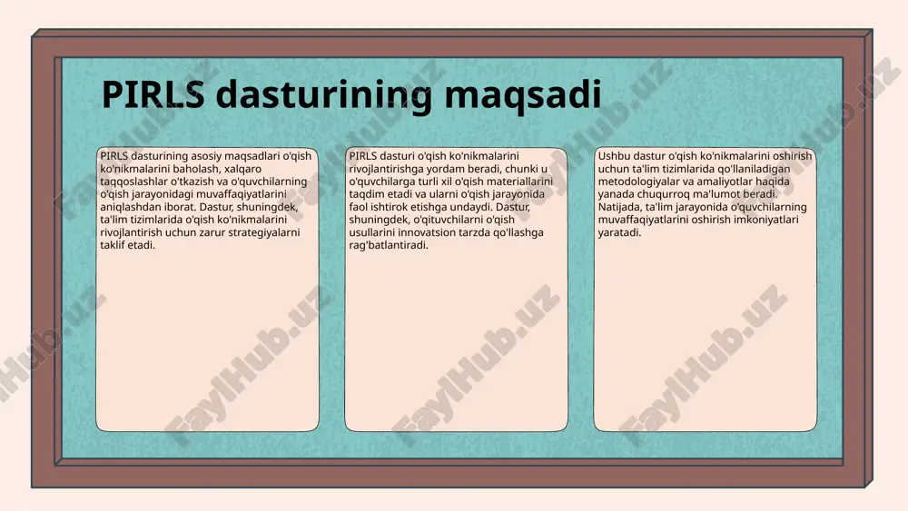 yaratadi. pirls baholashining mazmun talablari o'qish maqsadlari: tushunish, tahlil qilish, baholash. o'qishning turli ko'nikmalari: ma'lumotlarni topish, ulardan foydalanish, tahlil qilish. o'qish jarayonidagi metodlar: muhokama, o'zaro ta'sir, amaliy mashg'ulotlar. pirls baholash metodologiyasi pirls (progress in international reading literacy study) baholash metodologiyasi 4-sinf o'quvchilarining o'qish ko'nikmalarini baholashga qaratilgan. ushbu metodologiya har xil mamlakatlarda o'quvchilarning o'qish muvaffaqiyatini solishtirish imkonini beradi va o'qish jarayoni haqida chuqur tushuncha beradi. baholash usullari: - so'rovlar: o'quvchilarning o'qish ko'nikmalarini baholash uchun so'rovlar o'tkaziladi, bu usul o'quvchilarning o'qishga bo'lgan munosabatini aniqlashga yordam beradi. - testlar: o'quvchilarga o'qish ko'nikmalarini sinovdan o'tkazish uchun maxsus testlar taqdim etiladi, bu usul aniq va o'lchovli natijalar beradi. - mavzular: o'qish ko'nikmalarini baholashda muayyan mavzular tanlanadi, bu usul o'quvchilarning o'qish jarayonidagi qiziqishlarini va ularga qiziqarli bo'lgan materiallarni o'rganish imkonini beradi. har bir usulning afzalliklari va kamchiliklari: - so'rovlar: afzalliklari - o'quvchilar bilan to'g'ridan-to'g'ri muloqot o'rnatish imkonini beradi; kamchiligi - natijalar subyektiv bo'lishi mumkin. - testlar: …
