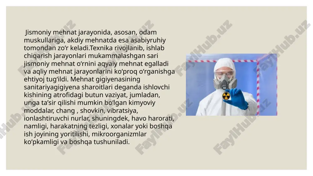 shqari, i.ch. omillari, mas, havodagi chang , kimyoviy moddalar miqdori, shuningdek, vibratsiya kuchi, shovqin va hokazo, shuningdek, harorat, namlik va b.ning maromida boʻlishini nazorat qiladi. korxona kurilishi va i.ch.ga topshirilishigacha boʻlgan jarayonlarda sanitariya normalari va gigiyena kridalariga asoslangan holda ish yuritadi. ishchixizmatchilarga zararsiz va xavfsiz mehnat sharoitini yaratish, i. ch.da xavfsizlik texnikasining zamonaviy vositalarini qoʻllash korxona rahbariyati zimmasida boʻlib, ular davlat tomonidan belgilangan maxsus normativlarga asoslangan holda ish koʻrishlari talab etiladi. korxona, mu-assasa, tashkilotlarning gigiyena normalariga, sanitariyagigiyena qoidalari va b.ga qanday rioya qilinayotganligi ustidan davlat sanitariya nazo-rati organlari, asosan, sogʻliqni saqlash idoralari va vazirliklari, shuningdek, kasaba uyushmalari hamda texnika va huquq mehnat inspeksiyalari nazorat qiladi image2.jpeg image3.png image4.png image5.png image6.png image7.png image8.png image9.png