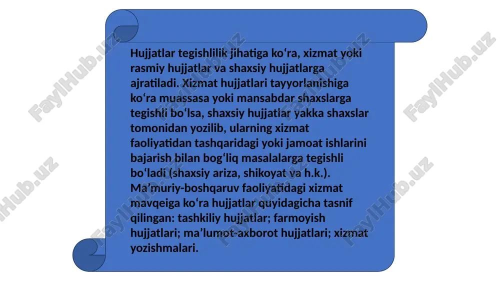 sabdor, xususiy va yuridik shaxslar hamda oddiy kishilarning ko‘rsatmasi, talabi yoki iltimosiga ko‘ra tuziladi hamda biron- bir masalada iltimosni qondiradigan axborot va ma’lumotlarni aks ettiradi. maʼlumotnoma ma’lumotnoma o‘z xususiyati va mazmuniga ko‘ra ikkiga: xizmat ma’lumotnomasi va shaxsiy ma’lumotnomaga bo‘linadi. rasmiy xizmat ma’lumotnomasida bosma ish qog‘ozidagi yozuvlardan tashqari, yana quyidagi zaruriy qismlar bo‘ladi: hujjat jo‘natiladigan yuqori idora yoki mansabdor shaxsning nomi (bosma ish qog‘ozining yarmidan o‘ng tomonga yoziladi). hujjat nomi (ma’lumotnoma). 3. ma’lumotnoma matniga sarlavha (xat boshidan yoziladi). 4. asosiy matn (ma’lumotnoma mazmuni). 5. mansabdor shaxs (tuzuvchi yoki korxona rahbari) imzosi. moliyaviy masalalarni aks ettiruvchi rasmiy ma’lumotnomalarda bosh (katta) hisobchining imzosi va muhri bo‘ladi. mavzu: tavsifnoma , tavsiyanoma matnlari qismlari oʻzaro bogʻlanish yoʻllari reja: 1 .tavsifnoma qanday hujjat 2.tavsifnomaning zaruriy qismlari 3.tavsiyanoma . tavsiyanomaning zaruriy qismlari tavsifnoma – ma’lum bir shaxsning mehnat va ijtimoiy faoliyati, shuningdek uning o‘ziga xos xislat va fazilatlarini aks ettiruvchi rasmiy hujjat.tavsifnoma muassasa ma’muriyati yoki jamoat tashkilotlari …