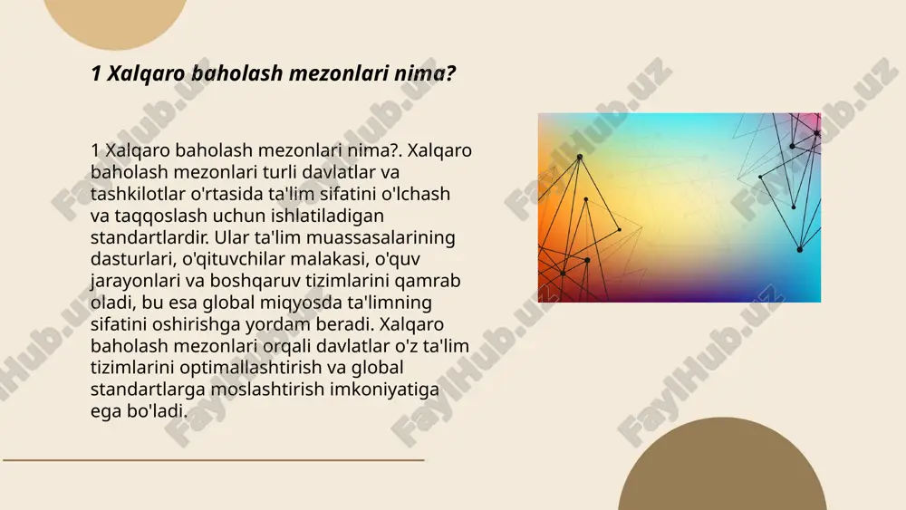 'z ishlashini tahlil qiladi va zarur bo'lganda muayyan o'zgartirishlar kiritadi. bu mezonlar yordamida o'quv yurtlari o'zlarining ta'lim sifatini doimiy ravishda kuzatib, takomillashtirib borish imkaniga ega bo'ladi. natijada, talabalar sifatli ta'lim olish va kelajakda yaxshi kasbiy imkoniyatlarga ega bo'lish imkoniyatini topadi. ... t.me/slaydai_bot 9 xalqaro baholashlar va o'qituvchilar malakasi. xalqaro baholashlar o'qituvchilar malakasining muhim jihatlari ustida ishlashga yordam beradi. bu baholashlar orqali o'qituvchilar o'z metodikalarini xalqaro standartlar asosida baholay olishadi va zarur bo'lgan sohalarda o'z malakalarini oshirish yo'llarini aniqlay olishadi. bu jarayon nafaqat o'qituvchilarning shaxsiy rivojlanishiga, balki umumiy ta'lim sifatining oshishiga ham hissa qo'shadi. ... t.me/slaydai_bot 10 xalqaro baholashlarning kelajagi 10 xalqaro baholashlarning kelajagi. xalqaro baholashlar sohasida innovatsiyalar va texnologik yutuqlar bilan ta'minlangan yangi yondashuvlar keng qo'llanilmoqda. masalan, sun'iy intellekt va ma'lumotlar tahlili vositalaridan foydalanish orqali yanada aniqroq va tezkor baholashlar amalga oshirilmoqda. kelajakda bu yondashuvlar yana ham takomillashtirilishi mumkin, bu esa ta'lim sifatini global miqyosda yana da oshirish imkonini beradi. …