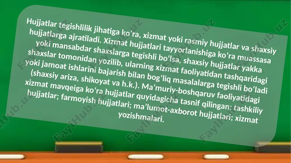 unumli foydalanish lozim. til birliklarini tejash telegraf uslubining eng asosiy talablaridan biridir. faksogramma (faks) – qog’ozga olingan hujjatning faksimile kanallari orqali uzatilgan nusxasi. faksogrammalar ma’lumot uzatish xususiyatlaridan kelib chiqqan holda alohida yozishmalar guruhiga ajratiladi. zudlik bilan adresat tomonidan talab qilinadigan hujjatlar faks kanallari orqali uzatiladi. mavzu: maʼlumotnomaning tuzilishi reja: 1.maʼlumotnoma nima 2. maʼlumotnoma xususiyatiga va mazmuniga koʻra turlari 3. rasmiy xizmat maʼlumotnomasi maʼlumotnoma bo‘lgan voqea yoki mavjud holatlarni bildirish- axborot berish mazmunida ifodalaydigan hujjat. ma’lumotnomalar, odatda, yuqori idora, mansabdor, xususiy va yuridik shaxslar hamda oddiy kishilarning ko‘rsatmasi, talabi yoki iltimosiga ko‘ra tuziladi hamda biron- bir masalada iltimosni qondiradigan axborot va ma’lumotlarni aks ettiradi. rasmiy xizmat ma’lumotnomasida bosma ish qog‘ozidagi yozuvlardan tashqari, yana quyidagi zaruriy qismlar bo‘ladi: hujjat jo‘natiladigan yuqori idora yoki mansabdor shaxsning nomi (bosma ish qog‘ozining yarmidan o‘ng tomonga yoziladi). hujjat nomi (ma’lumotnoma). 3. ma’lumotnoma matniga sarlavha (xat boshidan yoziladi). 4. asosiy matn (ma’lumotnoma mazmuni). 5. mansabdor shaxs (tuzuvchi …