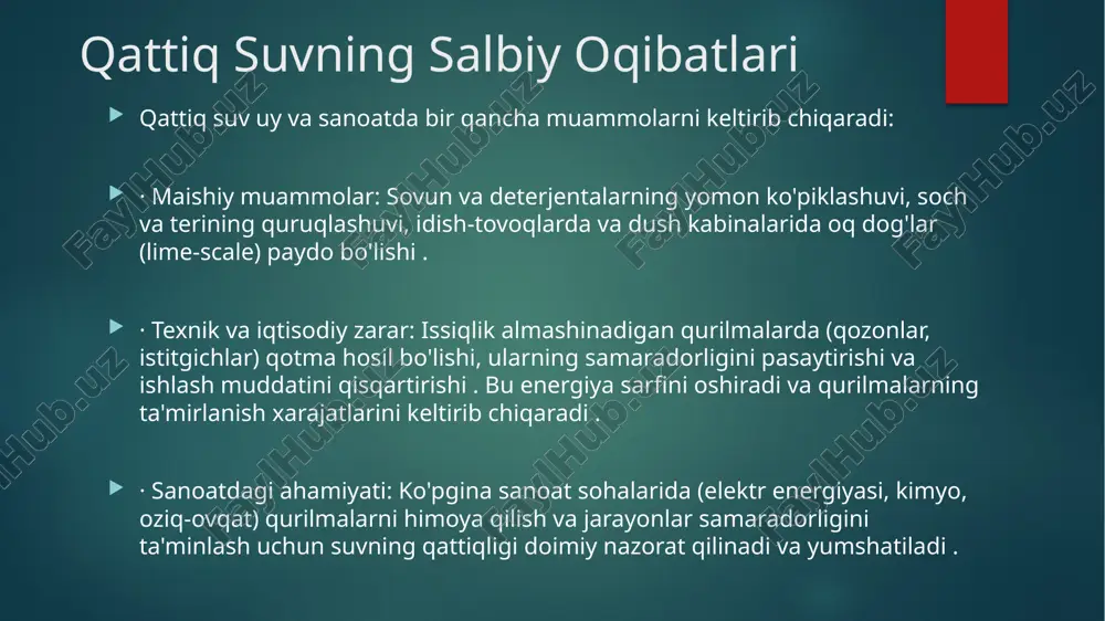 yumshatish dastlabki investitsiyani talab qilsa-da, uzoq muddatda jihozlamarning saqlanishi va energiya tejamkorligi hisobiga o'zini tezda amalga oshiradi. 4. sog'liq uchun ahamiyati - qattiq suv tashqi ko'rinish va farovonlikka ta'sir ko'rsatsa-da, odatda sog'liq uchun bevosita xavfli emas. dnt 816 u talabalari abdusaydo’va ro’za jovliyev nurmuhammad etiboriz uchun rahamat!!! image6.png image2.png image3.png image4.png image5.png /docprops/thumbnail.jpeg