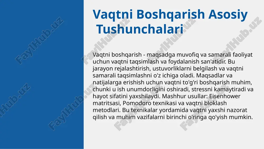 sh va stressni kamaytirishga yordam beradi. samarali rejalashtirish tamoyillari: smart (aniq, o'lchash, achievable, relevant, time-bound) tamoyili keng qo'llaniladi. shuningdek, prioritetlarni belgilash va realistik maqsadlar qo'yish muhimdir. rejalashtirish jarayonida e'tiborga olinishi kerak bo'lgan omillar: shaxsiy resurslar, muhimlik darajasi, vaqti va mavjud cheklovlar hisobga olinadi. yaxshi reja moslashuvchan bo'lishi va kutilmagan vaziyatlarga tayyor bo'lishi kerak. ushbu tamoyillar yordamida vaqtingizni samarali boshqarish va maqsadlaringizga erishish imkoniyati oshadi, shuningdek, ish va hayot muvozanatini saqlash mumkin. prioritetlarni belgilash usullari prioritetlarni belgilashda vazifalarning muhimligi va resurslarni taqsimlash asosiy yo'nalishlar hisoblanadi. eisenhower matritsasi vazifalarni muhimlik va shoshilinchlik bo'yicha to'rt qismga ajratib, samarali vaqt boshqaruvi va vazifa prioritetini belgilashga yordam beradi. xatolar: vazifalarni kechiktirish, noto'g'ri muhimlik yoki shoshilinchlikni baholash, va prioritetlarni noto'g'ri belgilash. buning oldini olish uchun aniq mezonlar va reja tuzing. vaqtni samarali boshqarish uchun prioritizatsiya vositalari, masalan, eisenhower matritsasi va vaqt taqsimoti texnikalaridan foydalaning, bu ish unumdorligini oshiradi. 1 2 3 4 vaqtni samarali boshqarish strategiyalari …