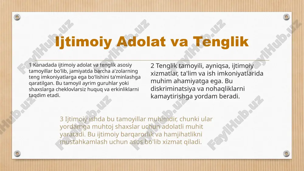 'siri va rivojlanish yo'nalishlari haqida ma'lumotlar. davlat ijtimoiy xavfsizlikni ta'minlaydi. social xizmatlar aholiga yordam beradi. rivojlanish uchun yangi yo'nalishlar mavjud. photo by airfocus on unsplash qiyosiy tahlil natijalari kanada, avstraliya va o‘zbekiston o'rtasidagi farqlar va o'xshashliklar kanada va avstraliyada ijtimoiy ish tizimlari asosiy tamoyillar bilan moslashadi, o‘zbekiston esa o'ziga xos ijtimoiy-iqtisodiy sharoitlariga mos yondashuvlarni qo'llaydi. samaradorlikni baholashda, har bir mamlakatda ijtimoiy xizmatlar natijadorligi va qoniqish darajasi o'rganiladi. kanada va avstraliyada innovatsion yondashuvlar yuqori baholanadi. kelajakda, texnologiyalar va global muammolarni hal etishda hamkorlik muhim bo'lib, yangi siyosat va yondashuvlar rivojlanishga turtki bo'lishi mumkin. xulosa kanada va avstraliyada ijtimoiy ish tamoyillari adolat, tenglik va mijozlarga yondashuvga asoslanadi. kanada asosiy tamoyillarda adolat va tenglikni ta'kidlaydi, avstraliya esa jamoatchilik bilan hamkorlik va tenglikka e'tibor qaratadi. bu tizimlar o'xshash bo'lsa-da, farqlarga ega, rivojlanish uchun imkoniyatlar mavjud. ijtimoiy xizmatlarni takomillashtirish muhimdir, bu inson huquqlari va tenglikni mustahkamlashga yordam beradi. bu tamoyillar jamiyatdagi adolat va teng imkoniyatlarni …