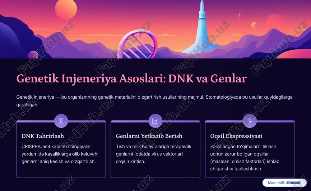 i himoya qilish va ulardan foydalanishni qonuniy tartibga solish. axloqiy me'yorlar va qonunchilik bazasi ushbu inqilobiy davolash usullarini mas'uliyat bilan joriy etish uchun juda muhimdir. https://gamma.app/?utm_source=made-with-gamma hozirgi tadqiqotlar va klinik sinovlar genetik stomatologiya sohasida jadal rivojlanish kuzatilmoqda. tadqiqot sohasi muhim loyihalar va sinovlar emal qayta tiklanishi amelogenin genini yetkazish orqali emalni tabiiy ravishda qayta tiklash bo'yicha laboratoriya sinovlari. suyak regeneratsiyasi periodontitdan keyin yo'qotilgan suyakni tiklash uchun bmp-2 (bone morphogenetic protein) gen terapiyasini qo'llash bo'yicha hayvonlar ustidagi muvaffaqiyatli sinovlar. karies vaktsinasi streptococcus mutans bakteriyasiga qarshi immun javobni kuchaytiruvchi genetik jihatdan modifikatsiyalangan vaktsina nomzodlari ustida ishlar. https://gamma.app/?utm_source=made-with-gamma kelajak istiqbollari: shaxsiylashtirilgan stomatologiya har bir bemorning genetik xususiyatlarini hisobga olgan holda davolashni moslashtirish. genetik profil tahlili kasalliklarga (masalan, karies, periodontit) individual moyillikni aniqlash. moslashtirilgan terapiya har bir bemorning genetik xavfini kamaytirish uchun maxsus gen terapiyasi yoki profilaktika choralarini tayinlash. biologik moslashuv bemorning genetik tuzilishiga 100% mos keladigan implantlar va regenerativ materiallarni yaratish. https://gamma.app/?utm_source=made-with-gamma xulosa: …