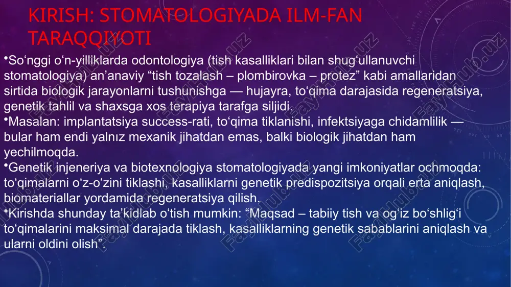 ning stomatologiyadagi konkret qo‘llanishi: to‘qima regeneratsiyasi: masalan, gen aktivlangan materiallar orqali suyak va periodont to‘qimalarini tiklash. tish ildizi va periodont ligament hujayralarini modifikatsiya qilish: hujayralar genetik jihatdan rag‘batlantiriladi, osteoblast/osteoklast faoliyati boshqariladi. infeksiyalarga, yallig‘lanishga qarshi gen terapiyalari: masalan, og‘izdagi salivariya bezlari, autoimmun og‘iz kasalliklari. ortodontik muolajalar: gen terapiyasi yordamida tish harakatini (orthodontic tooth movement) tezlashtirish yoki nazorat qilish mumkin bo‘ladi. implantologiya va suyak tiklanishi: genetik modifikatsiyalangan implant sirtlari, gen ko‘rib chiqilgan vektorlar yordamida suyak o‘sishining rag‘batlantirilishi. afzalliklari: an’anaviy jarrohlikdan kamroq invaziv; hujayralar va to‘qimalar biologik mos; potensial ravishda yuqori natija. cheklovlari: klinik darajada keng qo‘llanilmayapti; xavfsizlik, vektorlar bilan bog‘liq immun reaksiyalar, genning noto‘g‘ri joylashishi xavfi; etik jihatlar. shuningdek, aynan tish kariyesi yoki parodontit kasalliklarida genetik komponent ko‘pligi sababli, gen terapiyasi yanada murakkab. amaliy misollar misol 2: bioaktiv implantlar — implant sirtiga gen yoki o‘sish omillari zichlangan qoplamalar qo‘yilishi orqali implant mukammal suyak integratsiyasiga va yuqori muvaffaqiyatga erishishga intilish. misol 3: diagnostika …