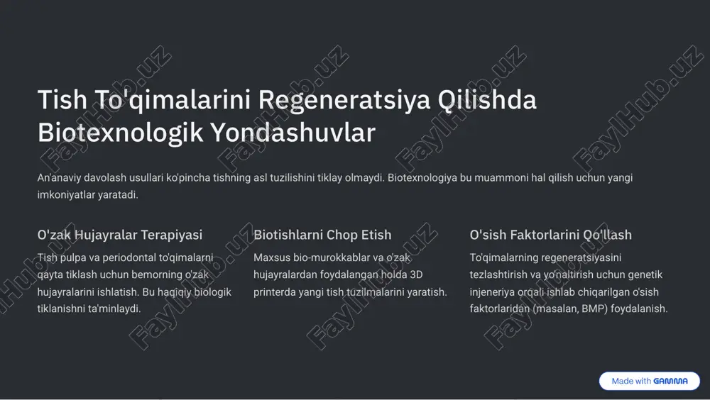 nizmlarini chuqur o'rganish va klinik sinovlarni tezlashtirish. axloqiy va huquqiy doira xavfsizlik va axloqiy me'yorlarga rioya qilingan holda, texnologiyani nazorat qilish uchun qat'iy qoidalar yaratish. klinik integratsiya yangi biotexnologik davolash usullarini kundalik stomatologik amaliyotga bosqichma-bosqich joriy etish. https://gamma.app/?utm_source=made-with-gamma