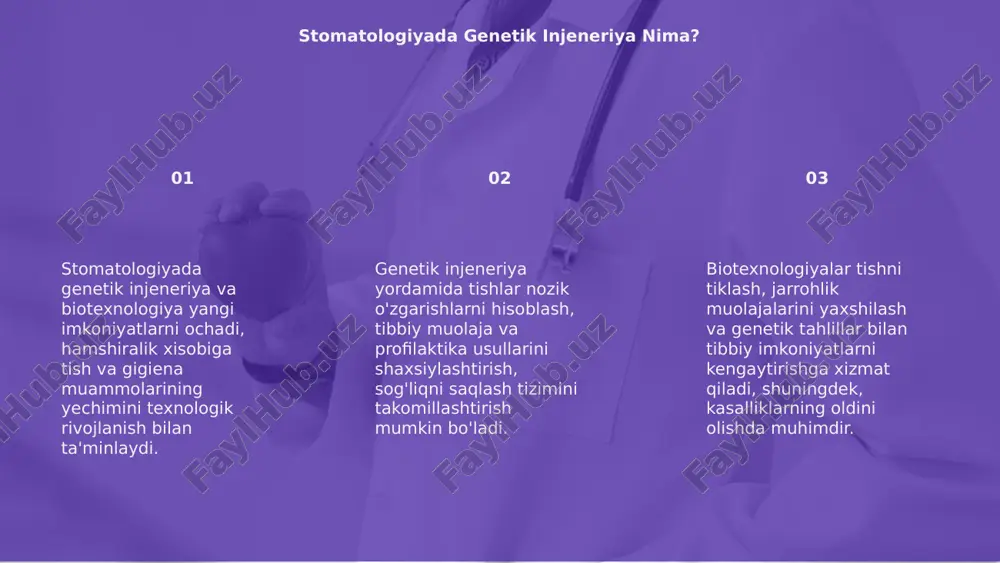 idual davolash usullari rivojlanmoqda, bu clientlarning shaxsiy ehtiyojlariga muvofiq yondashuvlarni taqdim etadi. kelajakda kengayadi. 03 biotexnologiyalar tibbiyotda yangi materiallar va texnikalarni ishlab chiqishga yordam beradi. bu innovatsion yondashuvlar stomatologiya sohasini muhim darajada o'zgartiradi. kelajakda stomatologiyada innovatsiyalar stomatologiya sohasida genetik injeneriya va biotexnologiya rivojlanmoqda, bu tish va po'stloq muolajalarini optimallashtirish imkonini beradi. innovatsiyalar bemorlar uchun muhim yutuqlarga olib keladi. genetik texnologiyalar tish kasalliklarini aniqlash va profilaktika qilishda muhim ahamiyatga ega bo'lib, yuqori samaradorlik bilan davolash strategiyalarini yaratadi. bu jarayonlarda ilg'or laboratoriyalar muhim rol o'ynaydi. bosqichlar yordamida genetik muvofiqlik va biotexnologiyalar rivojlanadi, bu esa stomatologiyada davolash metodlarini innovatsiyalar bilan kengaytiradi. tadqiqotlar natijasida yangi imkoniyatlar paydo bo'ladi. genetik injeneriya va biotexnologiya bosqichlari e’tiboringiz uchun rahmat slide 1 slide 2 stomatologiyada genetik injeneriya nima? biotexnologiyaning tibbiyotdagi roli slide 5 genetik tashxis va diagnostika usullari biotexnologiya yordamida tish davolash genetik ma'lumotlar va shaxsiylashtirilgan davolash kelajakda stomatologiyada innovatsiyalar genetik injeneriya va biotexnologiya bosqichlari e’tiboringiz uchun rahmat