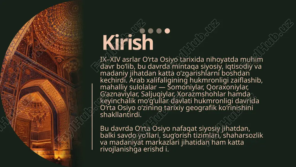 ar shaharsozligi yangi bosqichga chiqdi g‘aznaviylar va saljuqiylar davri (xi–xii asrlar) xi asr boshida g‘aznaviylar imperiyasi (mahmud g‘aznaviy boshchiligida) xuroson, balx va termizgacha bo‘lgan hududlarni egalladi. bu davrda o‘rta osiyoning janubiy qismlari — xuroson va to‘hariston — g‘aznaviylar ta’sirida bo‘lgan, shimoliy hududlar esa qoraxoniylar nazorati ostida edi. keyinchalik saljuqiylar imperiyasi paydo bo‘lib, xi asrning o‘rtalaridan o‘rta osiyoning katta qismini egalladi. saljuqiylar davrida o‘rta osiyo sharq va g‘arb o‘rtasidagi strategik savdo yo‘llari chorrahasiga aylandi. shaharlar: samarqand, buxoro, marv, nishopur, hirot — madaniy va iqtisodiy markazlar sifatida rivojlandi. xorazmshohlar davlati davrida (xii – xiii asr boshi) xii asr oxiriga kelib, xorazmshohlar davlati o‘rta osiyo tarixida muhim o‘rin egalladi. uning markazi dastlab urganch (gurganj) shahri bo‘lib, keyinchalik u eng yirik savdo, ilm-fan va madaniyat markaziga aylangan. xorazmshohlar davlatining tarkibiga quyidagi hududlar kirgan: xorazm, movarounnahr, xuroson, balx, to‘hariston, eronning shimoli, hatto kavkazgacha bo‘lgan yerlar. davlat geografiyasi jihatidan amudaryo havzasi va uning deltasida joylashgan sug‘oriladigan …