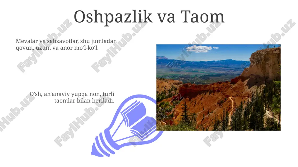 etadi, mebellar, bezak buyumlari va diniy buyumlar uchun ishlatiladi. kelajak istiqbollari farg'ona vodiysining madaniy meros ob'ektlari va tabiiy go'zalliklari turizmni rivojlantirish uchun imkoniyatlar yaratadi, bu esa daromad va ish o'rinlari yaratishga olib keladi. farg'ona vodiysining strategik joylashuvi uni mintaqaviy savdo va ulanish markazi sifatida ko'rib chiqish imkonini beradi, bu esa iqtisodiy o'sishni rag'batlantiradi. e'tiboringiz uchun rahmat @taqdimot_robot image4.jpg image5.jpg image6.jpg image7.jpg image8.jpg image9.jpg image10.jpg image11.jpg image12.jpg image13.jpg image14.jpg image15.jpg image16.jpg image17.jpg image18.jpg image19.jpg image20.jpg image1.jpeg image2.jpeg image3.jpeg