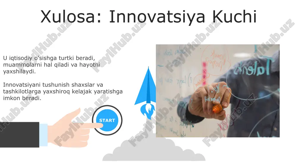 aqiyatdan qo'rqish: xatarlardan qochish, noaniqlik va xatolarni jazolovchi madaniyat. tashkilot inertiyasi: o'zgarishga qarshilik, mustahkamlangan jarayonlar va byurokratik tuzilmalar. tashkilot inertiyasi: o'zgarishga qarshilik, mustahkamlangan jarayonlar va byurokratik tuzilmalar. innovatsiya haqidagi o'rganish holatlari yangi g'oyalar, mahsulotlar, jarayonlar yoki qiymat qo'shadigan xizmatlarni ishlab chiqish innovatsiya haqidagi umumiy tushuncha hisoblanadi. innovatsiya texnologiya taraqqiyoti, bozor talablarining o'zgarishi va jamiyat ehtiyojlari kabi turli omillar tomonidan qo'zg'atilishi mumkin. innovatsiya va tadbirkorlik innovatsiya yangi g'oyalar, mahsulotlar yoki jarayonlarni yaratishdir. innovatsiya bizneslar uchun yangi imkoniyatlar yaratib, tadbirkorlikni rag'batlantiradi. e'tiboringiz uchun rahmat @taqdimot_robot image5.jpg image6.jpg image7.jpg image8.jpg image9.jpg image10.jpg image11.jpg image12.jpg image13.jpg image14.jpg image15.jpg image16.jpg image17.jpg image18.jpg image19.jpg image20.jpg image21.jpg image1.jpeg image2.jpeg image3.jpeg image4.jpeg