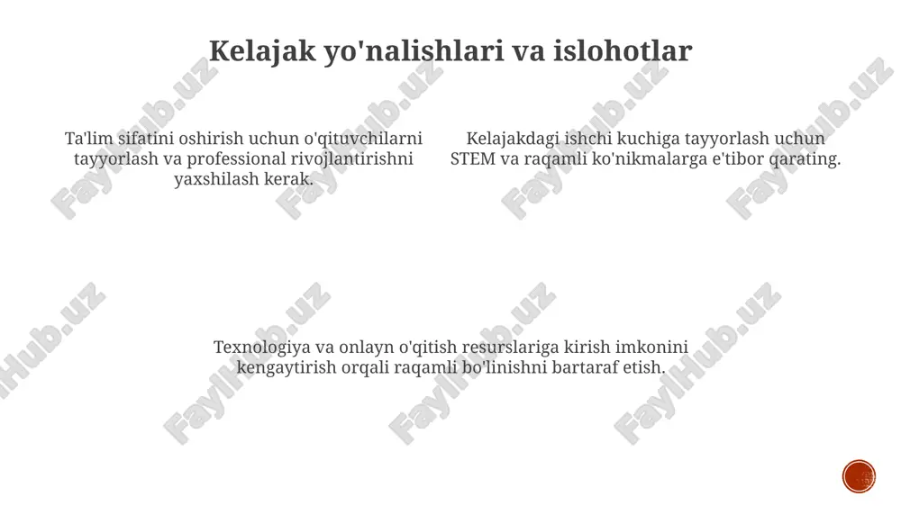 i va o'quvchi portfellarini o'z ichiga oladi. talaba bilim olishini qo'llab-quvvatlash uchun doimiy baholash va fikr-mulohazalarga urg'u beriladi. frilandiyada ta'lim tizimida shakllantiruvchi va yakuniy baholash tizimlari qo'llaniladi. e'tiboringiz uchun rahmat @taqdimot_robot image1.png image2.png image3.png image4.png image5.png image6.png
