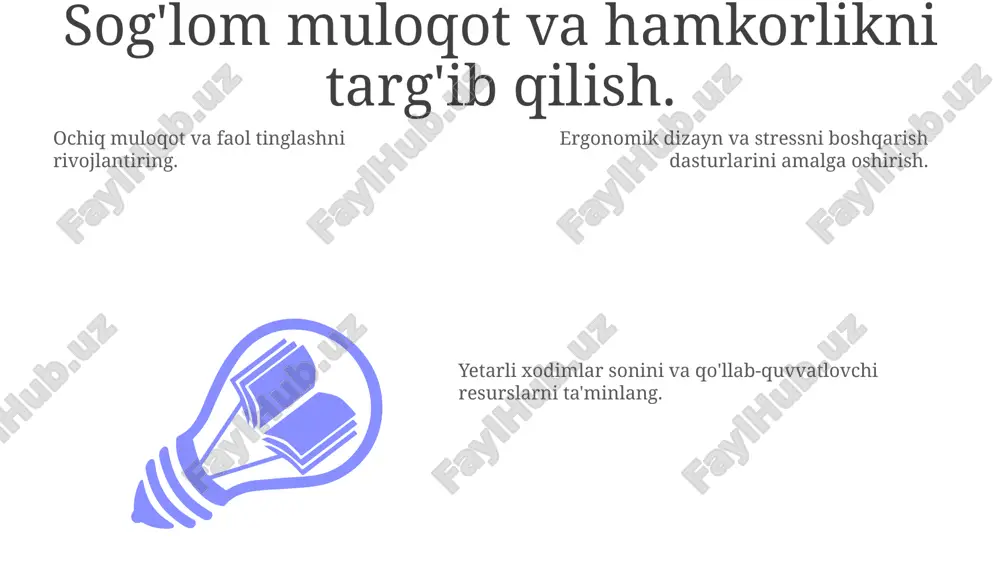 ivojlantirish dasturlari add text add text add text add text add text add text maxsus ta'lim: dasturlar tibbiyot xodimlari uchun, shu jumladan, infektsiyadan himoya qilish va stressni boshqarish kabi o'ziga xos ehtiyojlarni qondiradi. kuchli xavfsizlik protokollari: yuqumli kasalliklarni nazorat qilish choralariga, shu jumladan shaxsiy himoya vositalaridan foydalanish va chiqindi tashishga qat'iy rioya qilish sog'liqni saqlashni ta'minlaydi. ergonomik dizayn: ish joylari, uskunalar va jarayonlar jismoniy zo'riqishni kamaytirib, mushak-skelet shikastlanishini kamaytiradi. resurslar va qo'llab-quvvatlash xizmatlariga kirish 01 02 03 yetarli shaxsiy himoya vositalari (shv), gigiena buyumlari va boshqa zarur resurslarga kirish. mos tegishli treninglar, ruhiy salomatlik yordami va ergonimik ko'rib chiqishlar. ish yukini kamaytirish, dam olish va tiklanishni rag'batlantirish hamda xavfsizlik madaniyatini shakllantirishga qaratilgan siyosat va protseduralarni amalga oshirish. sales 1st qtr 2nd qtr 100 0 sales 1st qtr 2nd qtr 100 0 sales 1st qtr 2nd qtr 100 0 e'tiboringiz uchun rahmat @taqdimot_robot image1.jpeg image2.jpeg image3.jpeg