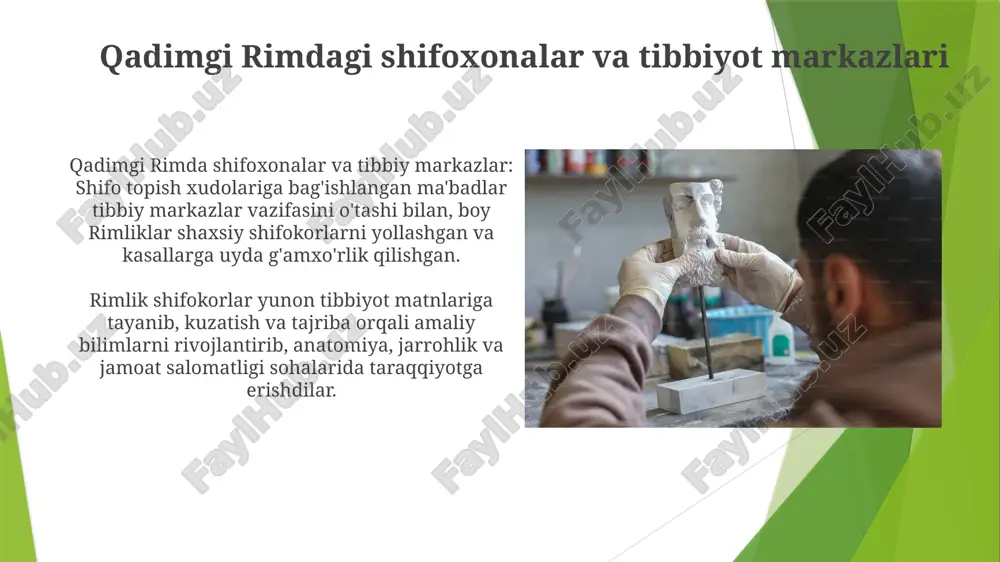 a olib keldi. rimlik jarrohlar jang maydonidagi yaralarni, amputatsiyalarni va sinishlarni davolagan, shuningdek, forseps va skalpel kabi ixtisoslashgan vositalarni ishlab chiqqan. qadimgi rimda tibbiy amaliyotlar qadimgi rimda tibbiyot amaliyotlari gigiena, o'simlik dorilari va ma'bad davolashga qaratilgan edi. jarrohlik asboblari, behushlik va tikuvlarni qo'llash kabi yutuqlar bo'ldi. diniy va xurofotning jarrohlikdagi roli xurofot ham rol o'ynagan, amuletlar, sehrli narsalar va ba'zi o'tlarning kuchiga ishonish. rimlik jarrohlar turli jarrohlik texnikalarida, jumladan, yara davolash, amputatsiya va suyak sinishlarini to'g'rilashda mahoratli edilar. e'tiboringiz uchun rahmat @taqdimot_robot image1.jpg image2.jpg image3.jpg image4.jpg image5.jpg image6.jpg image7.jpg image8.jpg image9.jpg image10.jpg image11.jpg image12.jpg image13.jpg image14.jpg image15.jpg image16.jpg image17.jpg