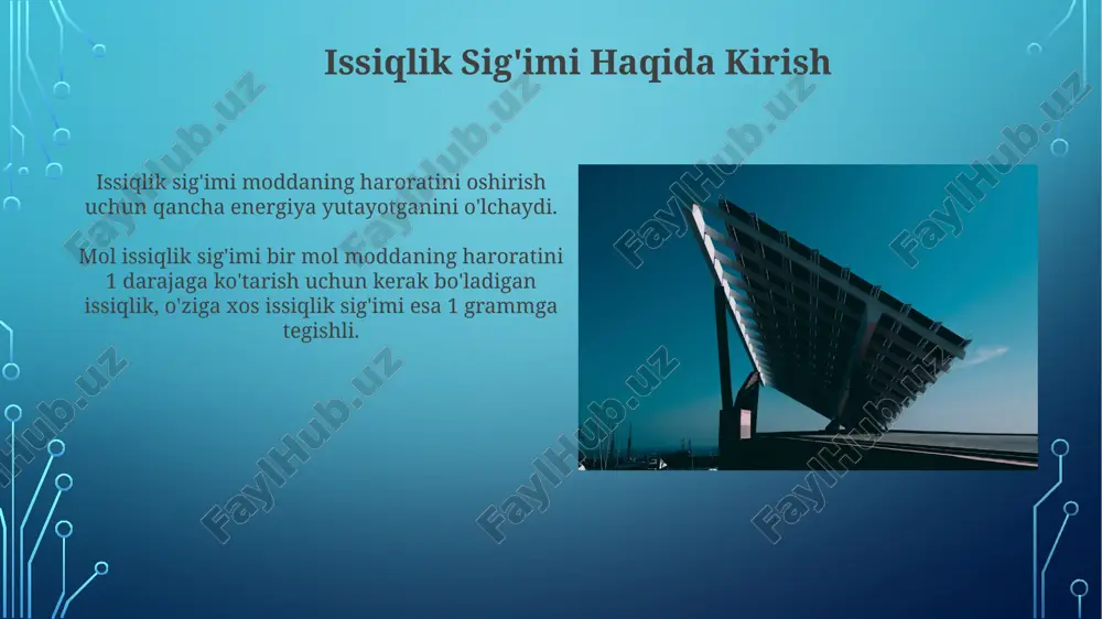 arish uchun zarur bo'lgan issiqlik miqdori. o'ziga xos issiqlik sig'imi bir gramm moddaning haroratini bir selsiy darajaga ko'tarish uchun zarur bo'lgan issiqlik miqdori. erkinlik darajalari erkinlik darajalari molekulalarning energiyani saqlashning mustaqil yoʻllari. energiyaning teng taqsimlanish qonuni termodinamik muvozanatda energiya barcha erkinlik darajalari orasida teng taqsimlanishini aytadi. e'tiboringiz uchun rahmat @taqdimot_robot image3.jpg image4.jpg image5.jpg image6.jpg image7.jpg image8.jpg image9.jpg image10.jpg image11.jpg image12.jpg image13.jpg image14.jpg image15.jpg image2.png