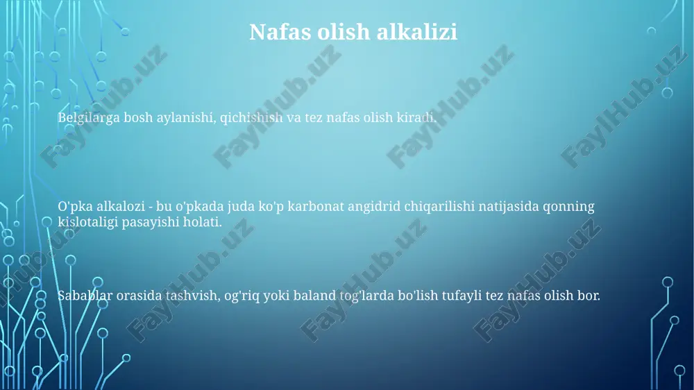 g alomatlari kislota-ishqor muvozanatining turlari: nafas olish atsidozi, nafas olish alkaloozi, metabolik atsidoz, metabolik alkalooz. kislota-ishqor muvozanati buzilishining alomatlari: chalkashlik, charchoq, nafas qisishi, yurak tez urishi, mushaklarning zaifligi, bosh og'rig'i, ko'ngil aynishi, qusish. kislota-ishqor muvozanatining buzilishi: tanadagi ph muvozanatining buzilishi, ya'ni juda kislotali (atsidoz) yoki juda ishqoriy (alkaloz) bo'lishi. kislota-ishqor muvozanati haqida kirish tanadagi barqaror ph ni saqlash to'g'ri ishlash uchun juda muhim. qon ph darajasi past bo'lsa, atsidoz, yuqori bo'lsa, alkaloz yuz beradi. qon ph darajasi past bo'lsa, atsidoz, yuqori bo'lsa, alkaloz yuz beradi. kislota-asos muvozanatining asoratlari kislota-ishqor muvozanatining turlari: asidoz (past ph), alkaloz (yuqori ph). kislota-asos muvozanatining asoratlari: hujayra disfunksiyasi, organ shikastlanishi, koma, o'lim. kislota-ishqor muvozanatining buzilishi: qonning ph muvozanatini buzish, hayatiy a'zolar faoliyatiga ta'sir qiladi. e'tiboringiz uchun rahmat @taqdimot_robot image1.png image2.png image3.png image4.png image5.png