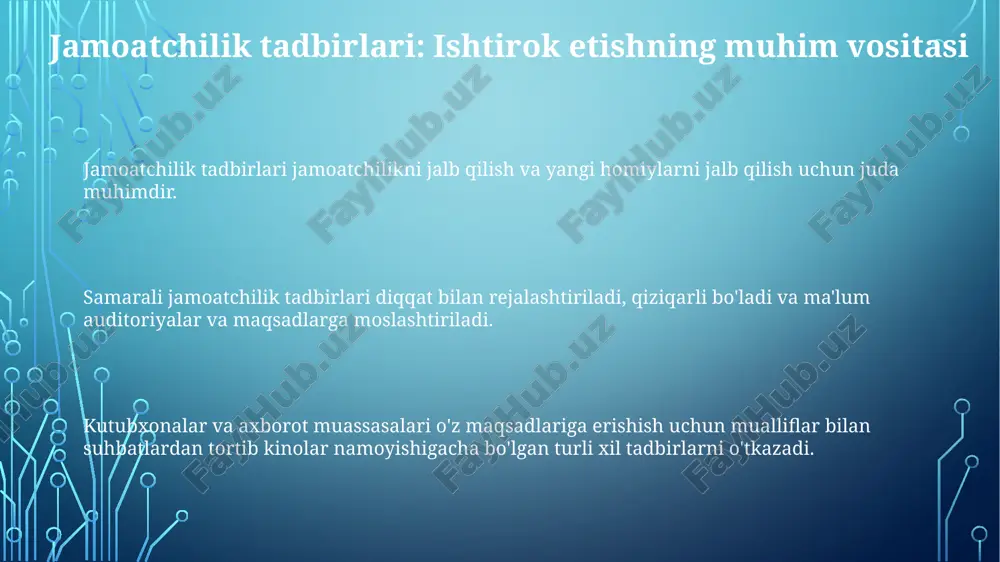 ish, savodxonlikni targ'ib qilish va o'rganishni rivojlantirishga qaratilgan. vazifalar rejalashtirish, marketing, logistika va barcha ishtirokchilar uchun qulaylikni ta'minlashni o'z ichiga oladi. turlari: muallif suhbatlari, master-klasslar, kitob klublari va texnologiya namoyishlari. jamoat tadbirlarini rejalashtirish va tashkil qilish tadbir maqsadlari: savodxonlikni targ'ib qilish, jamoatchilikni birlashtirish, kutubxona resurslarini ta'kidlash va jamoatchilik xabardorligini oshirishni o'z ichiga olishi mumkin. kutubxonalarda ochiq tadbirlar: ko'pincha ta'lim, madaniy yoki jamoatchilikka qaratilgan, kutubxonani jalb qilish va o'rganish uchun maydon sifatida ishlatish. jamoatchilik tadbirlari rejalashtirish va tashkil etish: maqsadlarni aniqlash, maqsadli auditoriyani belgilash, resurslarni ta'minlash, logistika va reklama. kutubxonalar va axborot muassasalari tomonidan o'tkaziladigan jamoat tadbirlarining maqsadlari o'quvchilarni o'qitish, ularni ko'ngil ochish va ularni resurslar va xizmatlar bilan bog'lash. kitob o'qishlari, muallif suhbatlari, seminarlar va jamoa yig'ilishlari. savodxonlik, bilim olish va jamoatchilik faolligini rivojlantirish. jamoatchilik tadbirlari turlari: rang-barang manzara jamoat tadbirlari festivallardan konferensiyalargacha turli xil yig'ilishlarni o'z ichiga oladi. bu tadbirlar format jihatidan turlicha bo'lib, kitob o'qishdan tortib to seminarlarga …