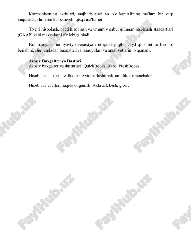 aniyaning ishlashi va moliyaviy holati haqida qimmatli ma'lumotlarga ega bo'lishlari mumkin. foydalanilgan adabiyotlar 1. hisoblash vositalari. (n.d.). hisoblash usullari. https://www.accountingtools.com/accounting-methods saytidan olingan. 2. investopedia. (n.d.). hisoblash usullari. https://www.investopedia.com/terms/a/accounting-methods.asp saytidan olingan. 3. accountingcoach. (n.d.). hisoblash usullari. https://www.accountingcoach.com/accounting-methods saytidan olingan. 4. hisoblash vositalari. (n.d.). to'lovga asoslangan hisoblash va to'lovsiz hisoblash. https://www.accountingtools.com/accounting-methods/accrual-accounting-vs-cash-basis-accounting saytidan olingan. 5