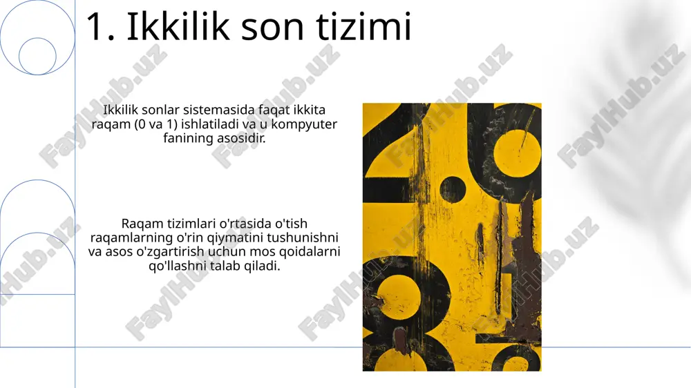 son tizimlari: har bir raqamning qiymati o'zining o'rniga bog'liq, masalan, o'nlik, ikkilik, o'n oltilik. ikkilik sonni o'n oltilikka o'tkazish: ikkilik raqamlarni to'rttadan guruhga ajrating, so'ngra har bir guruhni o'n oltilik ekvivalentiga o'tkazing. 15.pozitsiyali bo'lmagan son tizimlari raqam tizimlari o'rtasida o'tish har bir tizimdagi raqamlarning o'rin qiymatini tushunish va ularni maqsad tizimdagi ekvivalent qiymatga o'tkazishni o'z ichiga oladi. pozitsiyali bo'lmagan son tizimlari, o'rin qiymatidan foydalangan holda sonlarni ifodalaydigan pozitsiyali tizimlardan farqli o'laroq, miqdorlarni ifodalash uchun belgilardan foydalanadi. 16.sakkizlik sonlar tizimi pozitsiya tizimlari qiymatlari pozitsiyaga bog'liq (masalan, o'nlik), pozitsiyaviy bo'lmagan tizimlar esa bog'liq emas (masalan, rim raqamlari). konvertatsiya o'rin qiymatlarni tushunish va algoritmlarni qo'llashni o'z ichiga oladi. 17.o'nlik sonni o'n oltilikka o'girish o'nlik sonni o'n oltilikka o'tkazish: o'nlik sonlarni o'n oltilik (hexadecimal) ko'rinishga o'tkazish uchun 16 ga qoldiqsiz bo'linib, qoldiqlarni yozib olish kerak. raqam tizimi konvertatsiyasi: raqamlarni turli xil asoslar o'rtasida o'zgartirish (masalan, o'nlikdan ikkilikka, ikkilikdan o'n oltilikka) takrorlanadigan bo'lish yoki ko'paytirish …