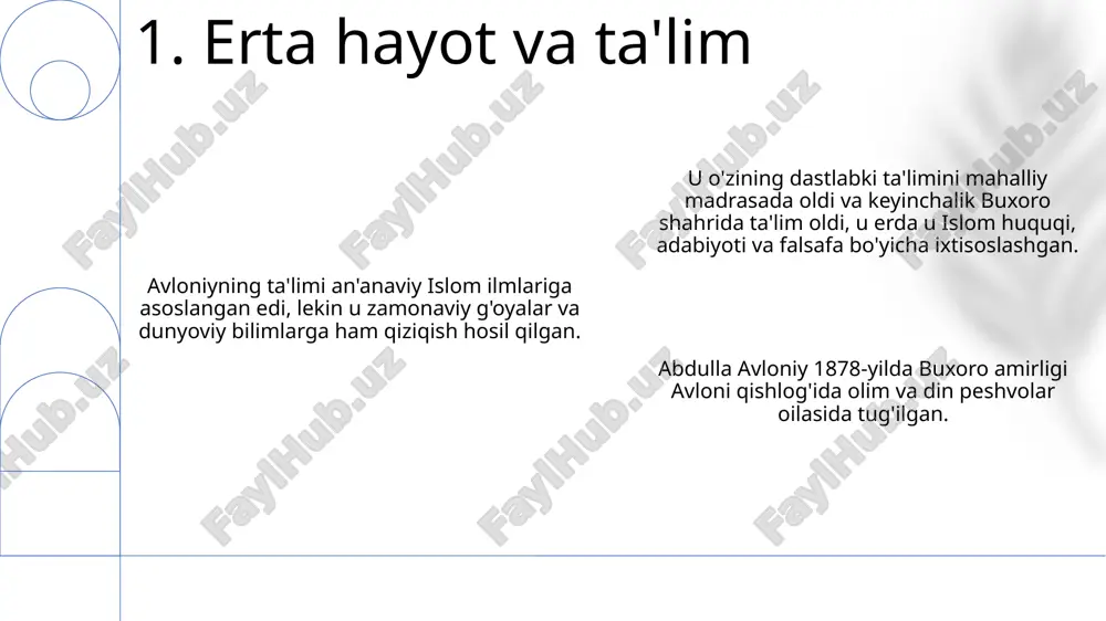 bilim, ko'nikmalar, qadriyatlar va axloqni o'z ichiga olishi kerak. ta'lim insonni to'liq shakllantirishga, ya'ni aql, tan va ruhni rivojlantirishga qaratilishi kerak. 11. avloniyning ta'limga qarashlari u uzoq va birlashgan o'zbek millatini himoya qildi va madaniy merosni saqlashni targ'ib qildi. avloniy birlashgan o'zbek milliy identifikatsiyasi siyosiy va iqtisodiy mustaqillikka erishish uchun juda muhim deb hisoblagan. avloniy milliy ongning shakllanishida umumiy tarix, til va madaniyatning ahamiyatini ta'kidladi. 12. avloniyning millat haqida qarashlari e'tiboringiz uchun rahmat @taqdimot_robot image1.png image2.png image3.png image4.png image5.png image6.png image7.png image8.png image9.png image10.png image11.png image12.png image13.png