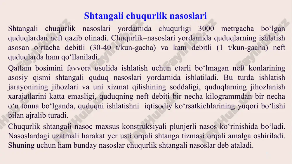 .........14 shartli o‘tish teshigi,mm: stvolniki.....................................................65 bog‘lanmasiniki..................................................50 nasos- kompressor quvurning osmasi.........konussimon osma quvurning diametri.......................................73 biriktiruvchi rez’balar............................nkq rez’basi quduq ustidagi qisqa quvur,mm............................146 gabarit o‘lchamlar,mm...........................................3452x770x1220 massasi,kg.................................................................160 7 quvurli osmada ikkita zichlovchi halqa mavjud bo‘ladi, pastki uchida chuqurlik nasosi va yuqorisida sal’nikli qurilmali nkqlar uchun asosiy ishonchli zveno hisoblanadi. quvur boshchasining korpusida tadqiqot ishlarini amalga oshirish uchun teshik o‘rnatilgan. 8 3.-rasm.aush turidagi quduq usti armaturasi: 1-tadqiqot ishlarini olib borishda qo‘llaniladigan teshik; 2-sal’nikli qurilma; 3-quvurli osma; 4-quduq usti qisqa quvuri; 5,8,9-burchakli jo‘mraklar; 6-namuna olgich; 7-tezkor yig‘iladigan mufta; 10-qo‘yiruvchi quvurcha; 11-zichlovchi halqa. nasos quvurlarini osib qo‘yish uchun, mahsulotlarni quduqdan otma chiziqqa yo‘naltirish, quduq ustunini germetiklash, quvur orqa fazasidagi gazni olishni ta’minlash va hokazo ishlarni amalga oshirishda, quduq ustiga maxsus jihozlar o‘rnatiladi. quduq usti jihozi shtangali chuqurlik qurilmasi, planshaybadan va uchlik sal’nikdan tuzilgan. 8-rasmda bu jihozlarning umumiy ko‘rinishi tasvirlangan. tizma flanetsiga (1) planshayba (2) va unga osilgan quvur (3) o‘rnatiladi. planshaybada (2) quvur orqa fazosidagi gazni chiqarib …