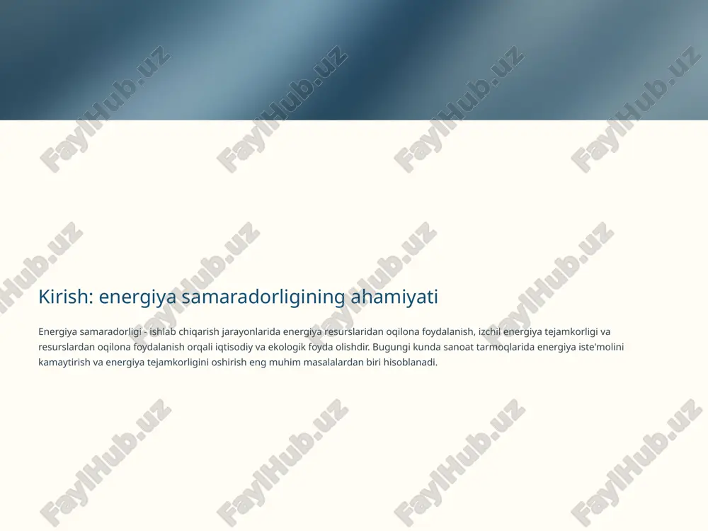 at qilish avtomatizatsiya energiya sarfini optimallashtirish va tejash tahlil energiya trendlarini aniqlash va prognozlash 10 energiya samaradorligini oshirish choralari yuqori unumdorlikdagi jihozlarni joriy etish energiya tejovchi, samarali va uzluksiz ishlaydigan uskunalarni tanlash texnologik jarayonlarni optimallashtirishv energiya iste'molini kamaytiradigan yangi texnologiyalarni joriy etish chiqindi issiqligidan foydalanish issiqlik generatorlaridan olinadigan chiqindi issiqliklardan foydalanish energiya boshqarish tizimlarini joriy etish energiya sarfini nazorat qilish va optimallashtirish imkonini beruvchi tizimlarni qo'llash 11 energiya oqimini monitoring qilish uchun sensor tizimlarini joriy qilish ishlab chiqarish liniyalarida energiya sarfini doimiy kuzatib borish va tahlil qilish uchun turli sensorlar va monitoring tizimlarini qo'llash muhim ahamiyatga ega: 1 1 energiya sarfini o'lchash sensorlari 2 2 elektr, issiq suv, havo oqimini o'lchash 3 3 ishlash muddatini kuzatib borish 4 4 taqsimlovchi shkatulkalar, panel va tarmoqlarni monitoringb 12 energiya iste'molini kamaytirish uchun yechimlar samarali yoritishni joriy etish led, induksion va boshqa energiya tejovchi chiroqlardan foydalanish issiqlik va sovuq ta'minoti tizimlarini yaxshilash isitish, …
