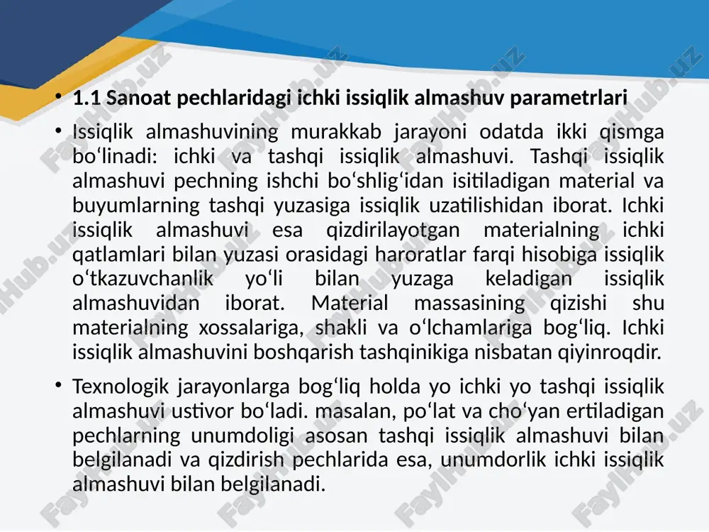 shi; - - gazlar tezligining o‘zgarishi. 1-butun hajmda yonish paytida; 2-devor yaqinidagi qatlamda yonish paytida. turli xil issiqlik almashuvlarining roli turlicha bo‘lishi mumkin. masalan, agar konvektsiya yo‘li bilan materialga faqat 10 % issiqlik berilgan bo‘lsa, shu paytning o‘zida buyumlarga issiqlik berilishidagi konvektsiyaning umumiy roli 65 % ni tashkil qilishi mumkin, chunki devor qoplamasiga konvektiv usulda berilgan issiqlik devordan buyumlarga nurlanish yo‘li bilan berilgan issiqlikga aylanadi. turli pechlarda qizdirishning turli holatlari amalga oshiriladi. 1.2.pechlardagi tashqi issiqlik almashuv holati agar pech kamerasida ko‘p miqdorda bir tekisda taqsimlangan alangalar yoki boshqa nurlanish manbalari mavjud bo‘lsa, u holda alangadan va devor qoplamasidan qizdirilayotgan materialga berilgan umumiy issiqlik miqdorini stefan-boltsman qonuni asosida aniqlash mumkin: tg tm qn g.k.m.=coεknnξ [(—)4- (—)4]ur =ckhnξ δ; (1-1) 100 100 bunda co- mutlaq qora jsmning nurlanish koeffitsenti, co=5,67vt/m2 ok4 εk- pech bo‘shlig‘ining keltirilgan qoralik darajasi; tg, tm- gaz va materialning mutlaq haroratlari; - nurlantirilayotgan yuzaning ifloslanganlik koeffitsienti (ξ=0,6÷0,75); δ- mutlaq …